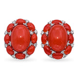 Vintage 18k White Gold Red Coral and Diamond Omega Back Earrings