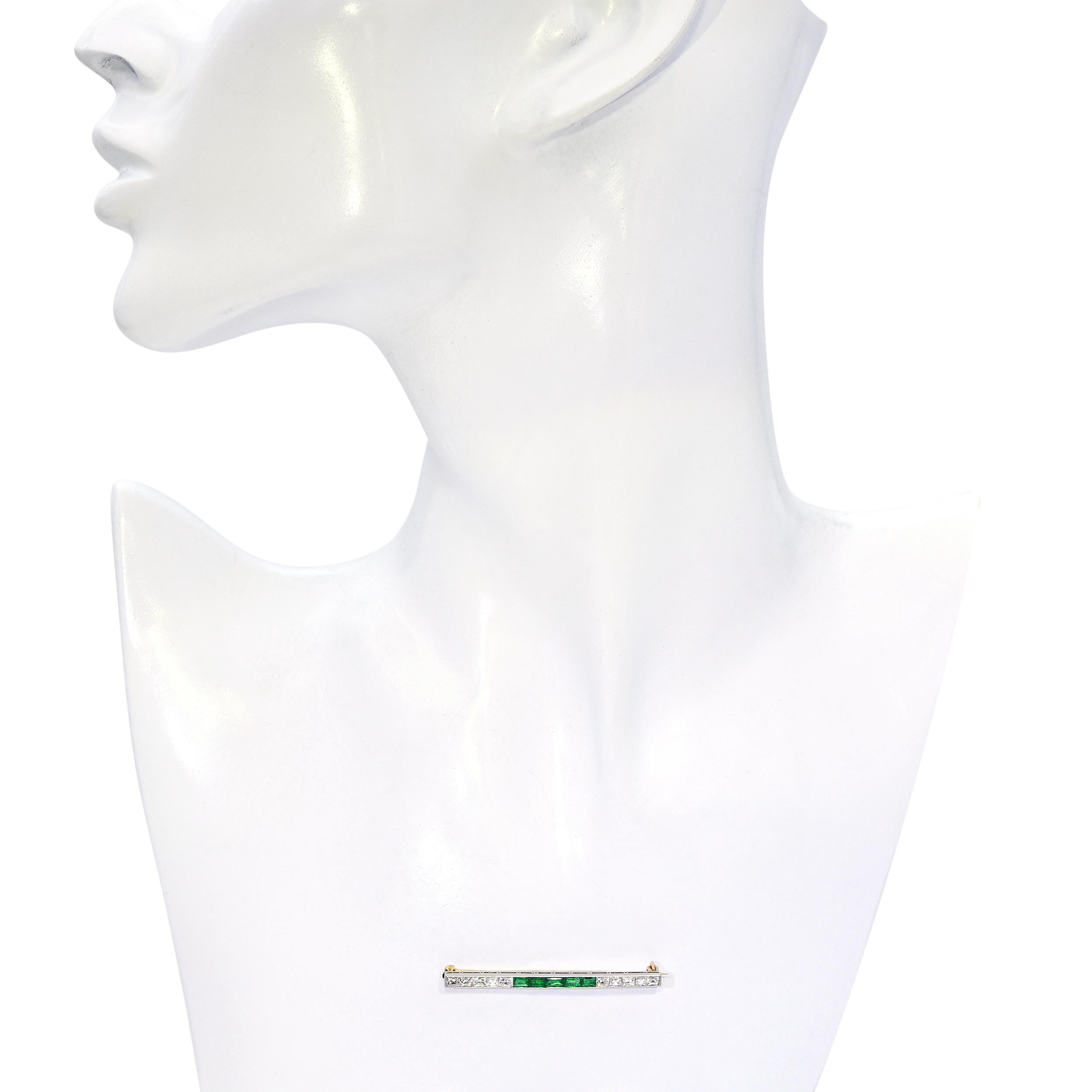 Art Deco Tiffany & Co 18k Gold and Plat Emerald & French Cut Diamond Bar Brooch