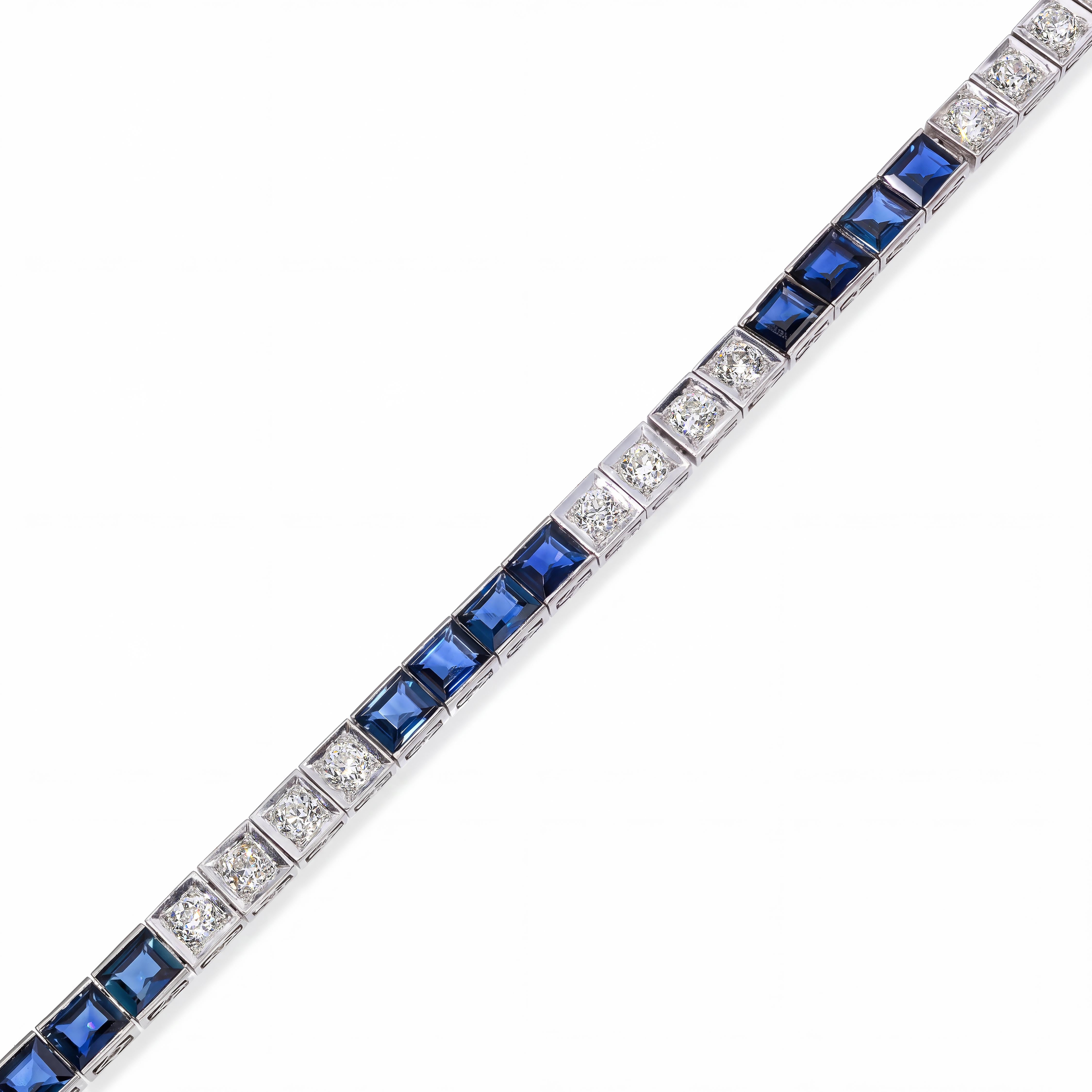 Art Deco Platinum 2.2tcw Old Euro Diamond and Sapphire Line Bracelet