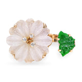 Vintage 14k Yellow Gold Carved Jadeite Jade & Diamond Floral Bypass Ring