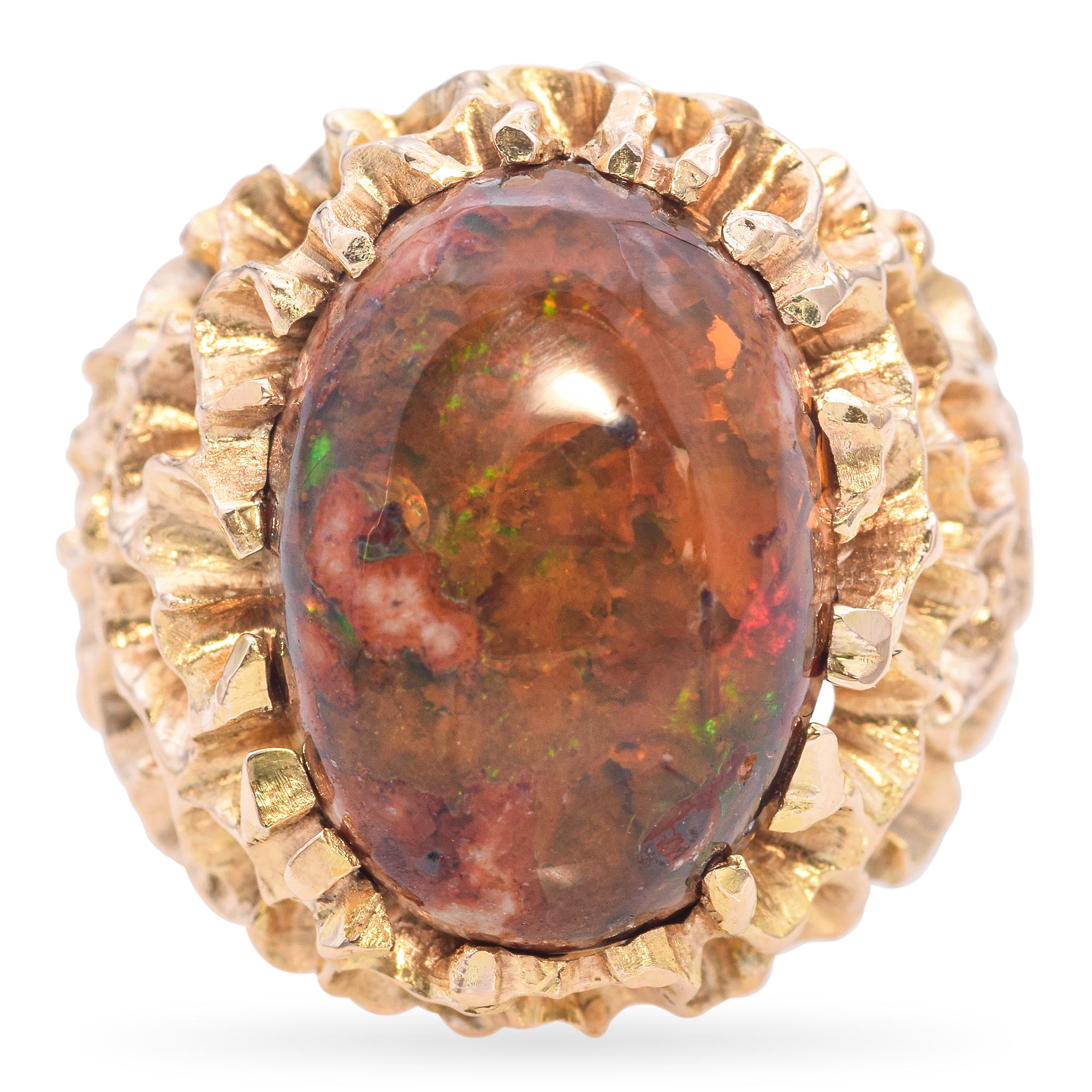 Vintage Brutalist Yellow Gold and 6.4ct Mexican Fire Opal Statement Ring