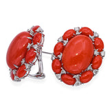 Vintage 18k White Gold Red Coral and Diamond Omega Back Earrings