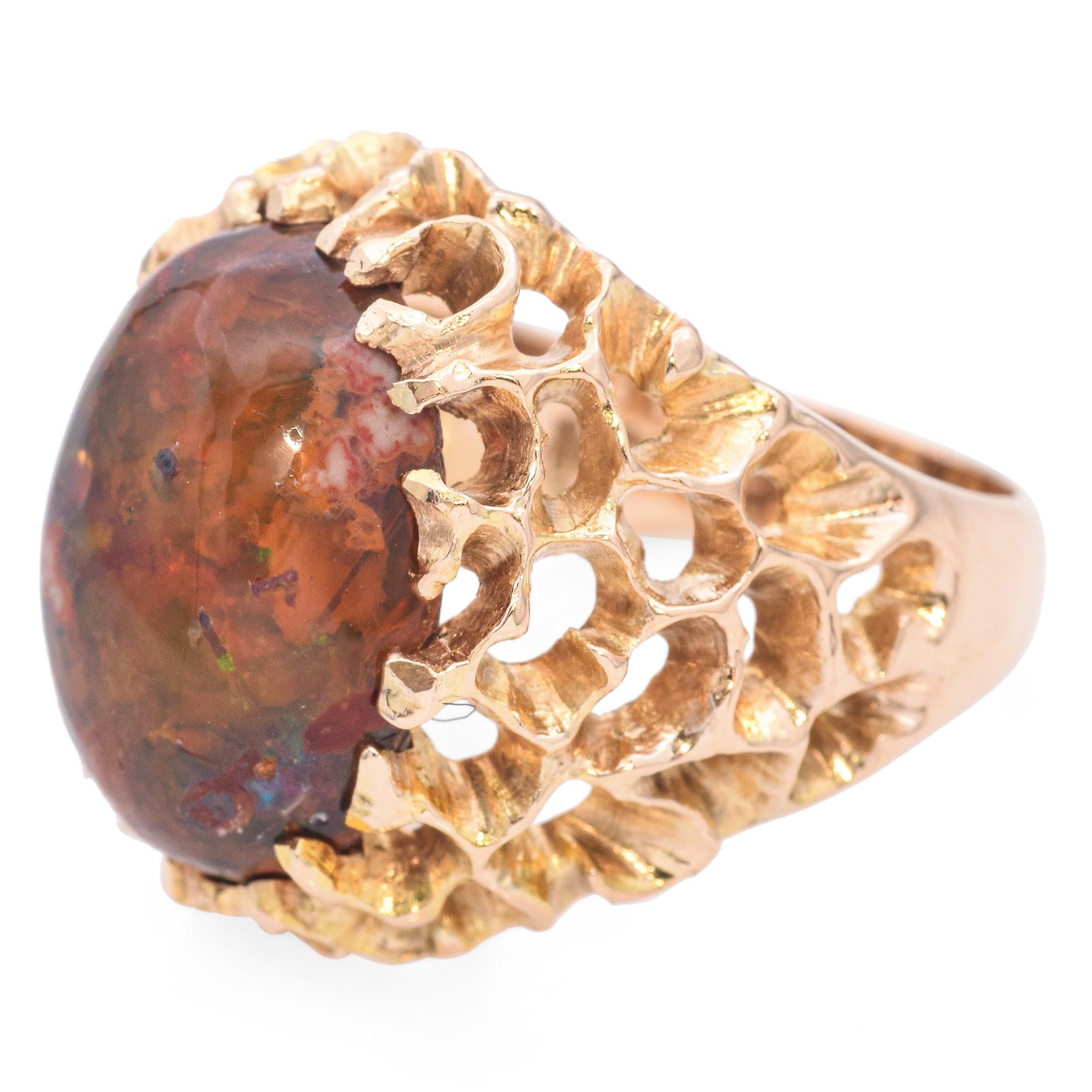 Vintage Brutalist Yellow Gold and 6.4ct Mexican Fire Opal Statement Ring