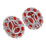Vintage 18k White Gold Red Coral and Diamond Omega Back Earrings