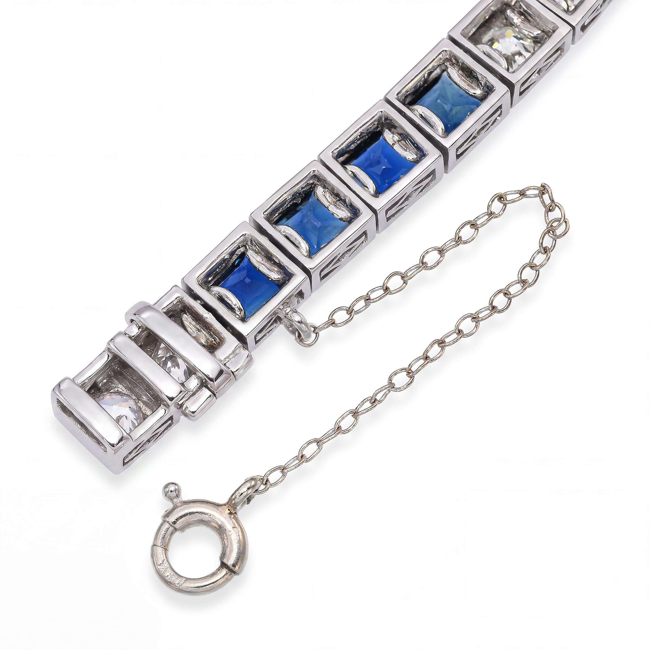 Art Deco Platinum 2.2tcw Old Euro Diamond and Sapphire Line Bracelet