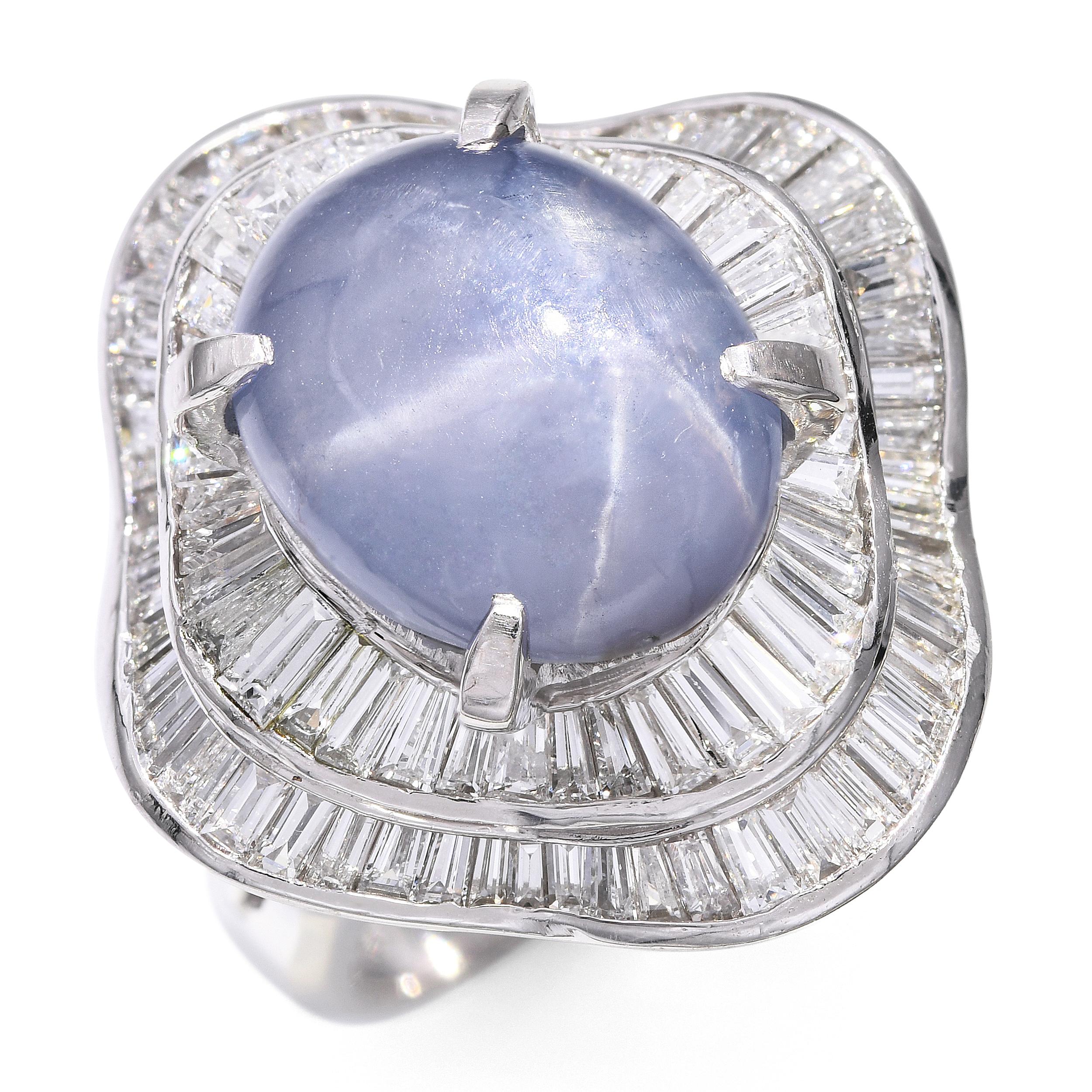 Platinum 3.50ct Star Sapphire and Diamond Baguette Halo