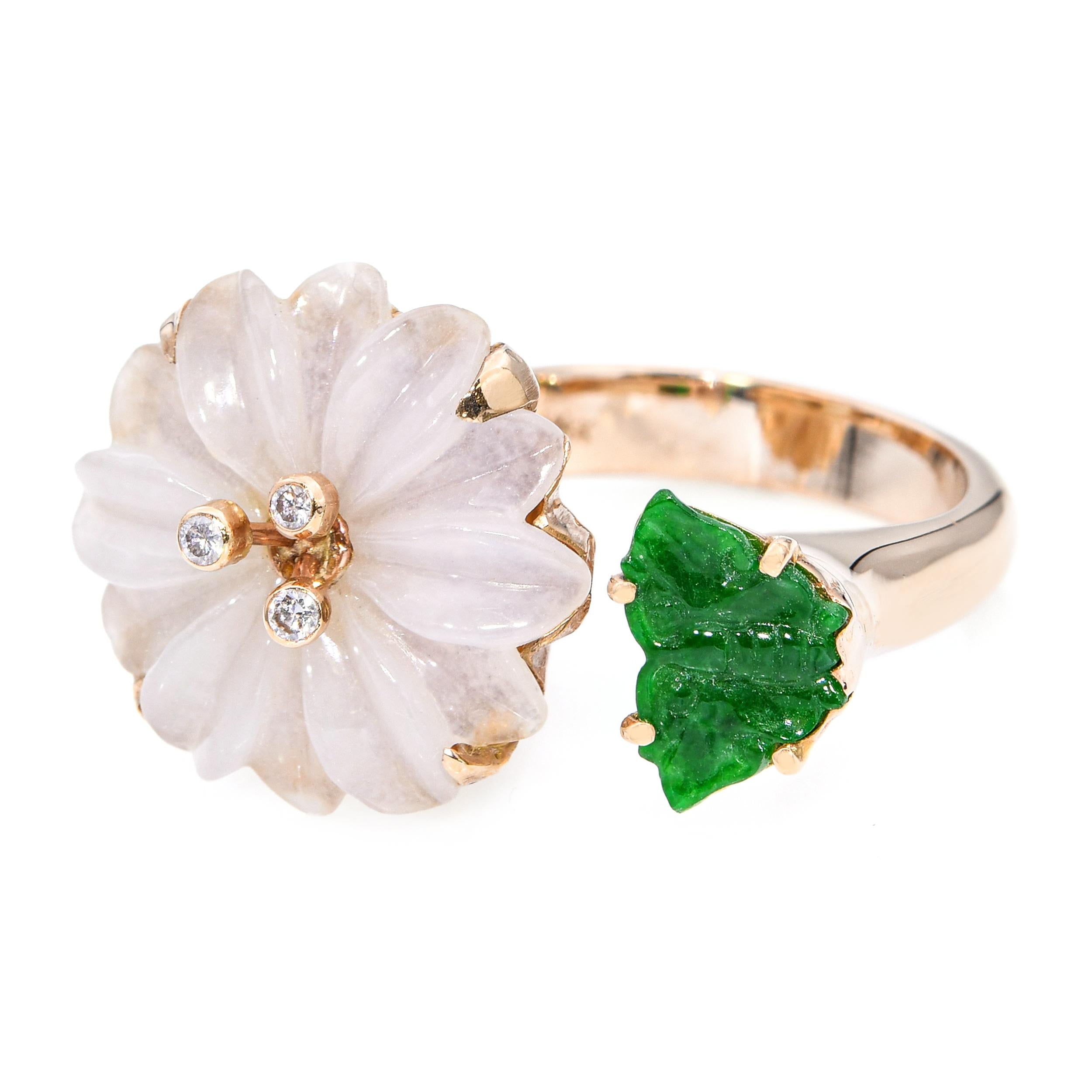 Vintage 14k Yellow Gold Carved Jadeite Jade & Diamond Floral Bypass Ring
