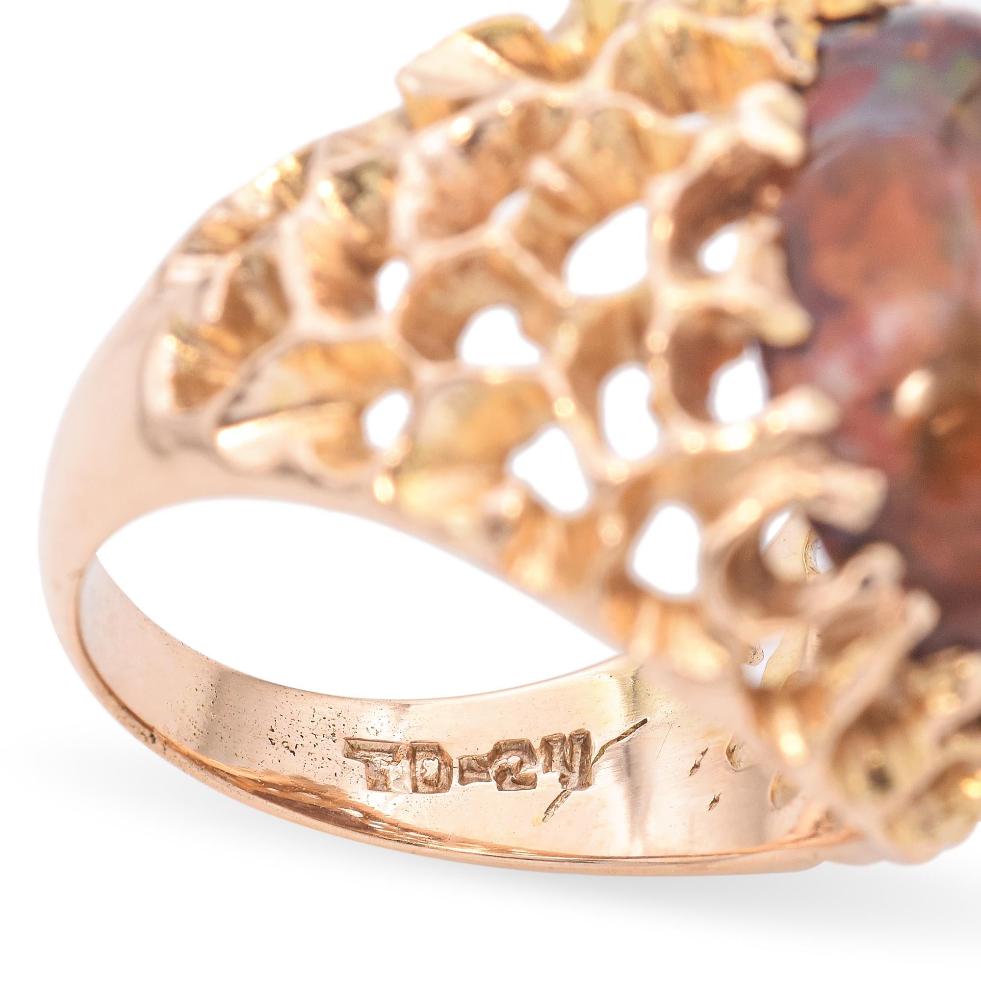 Vintage Brutalist Yellow Gold and 6.4ct Mexican Fire Opal Statement Ring