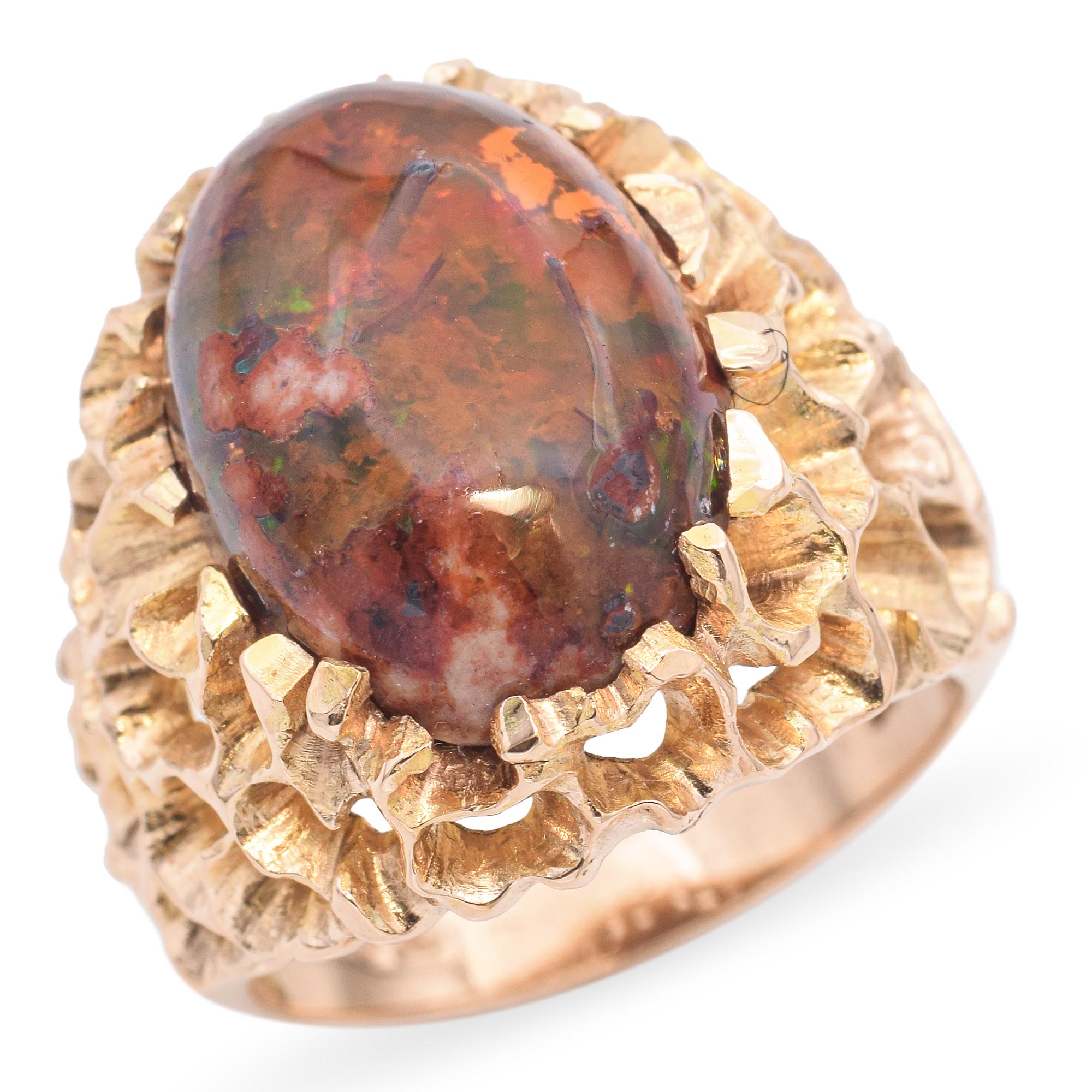 Vintage Brutalist Yellow Gold and 6.4ct Mexican Fire Opal Statement Ring