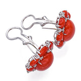 Vintage 18k White Gold Red Coral and Diamond Omega Back Earrings