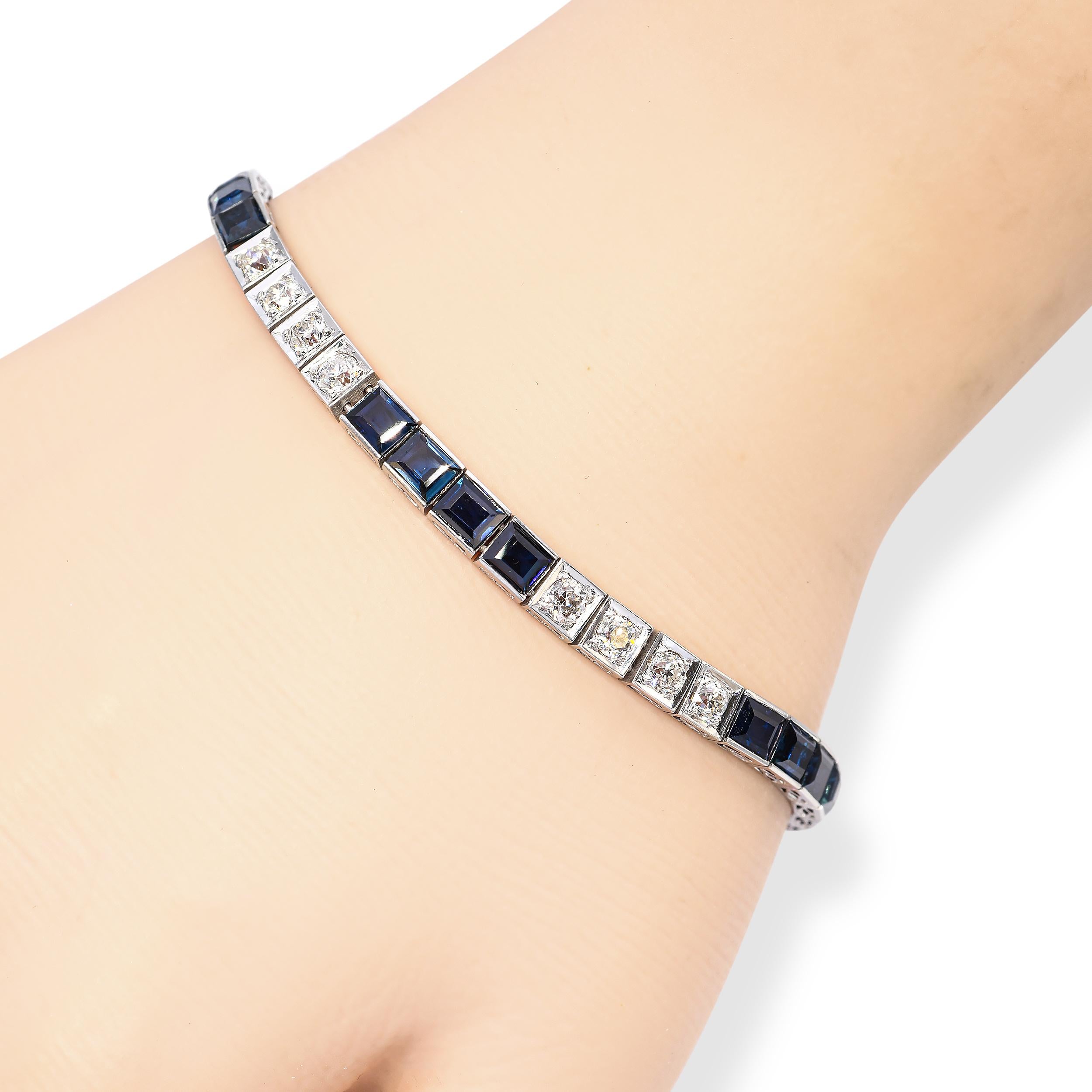 Art Deco Platinum 2.2tcw Old Euro Diamond and Sapphire Line Bracelet
