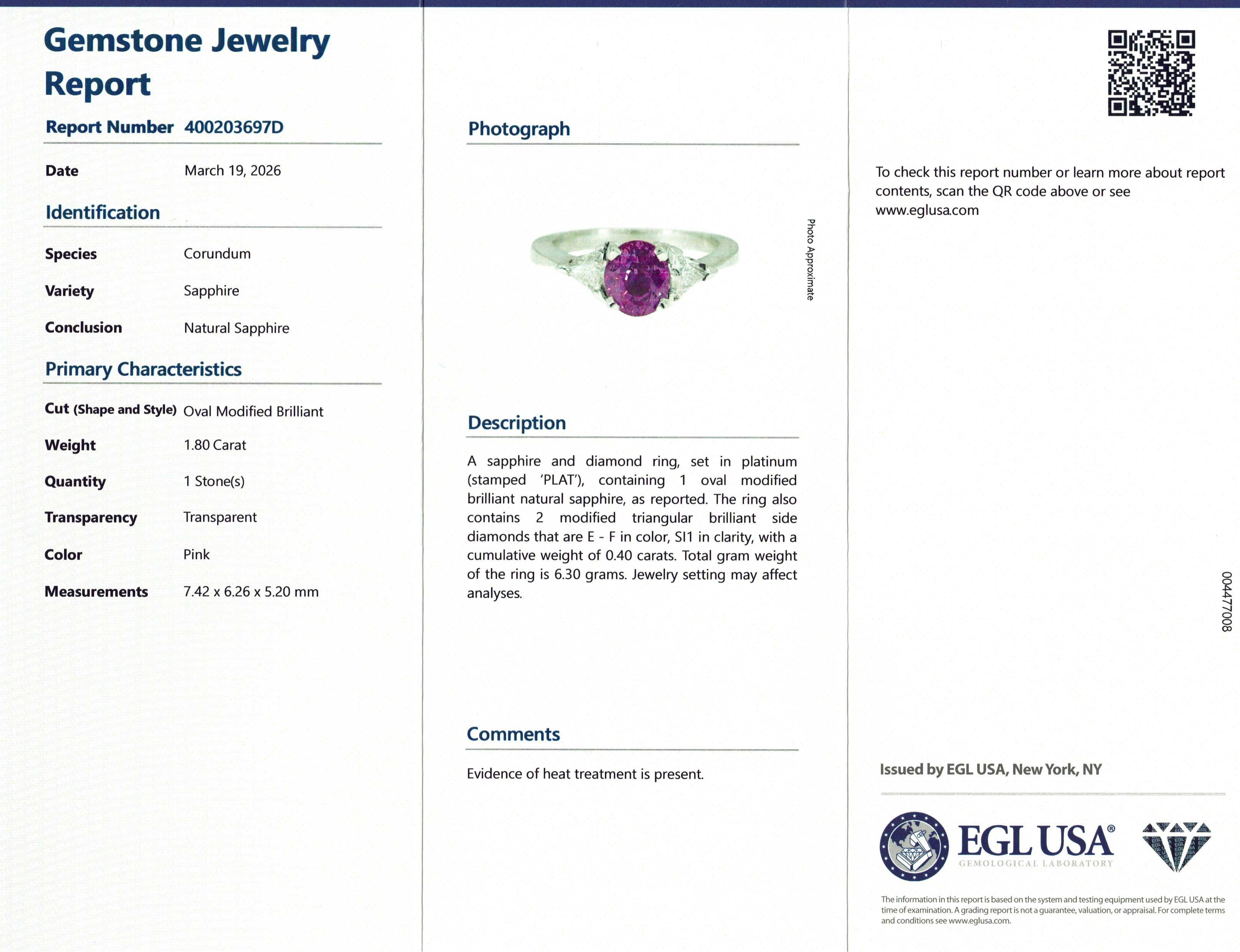 Platinum Certified 1.80ct Hot Pink Sapphire and Diamond Ring