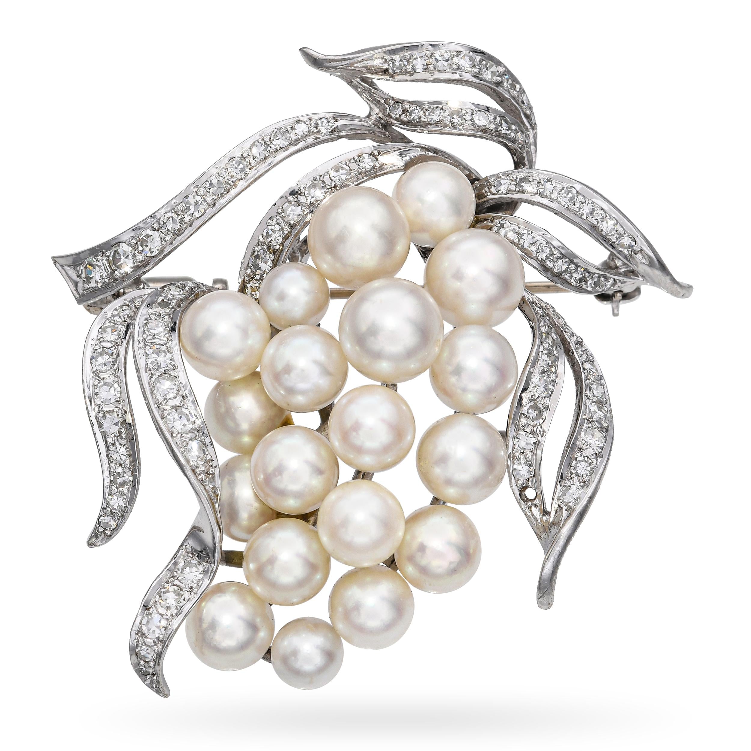 Vintage 14k White Gold 1.8tcw Diamond and Pearl Floral Brooch