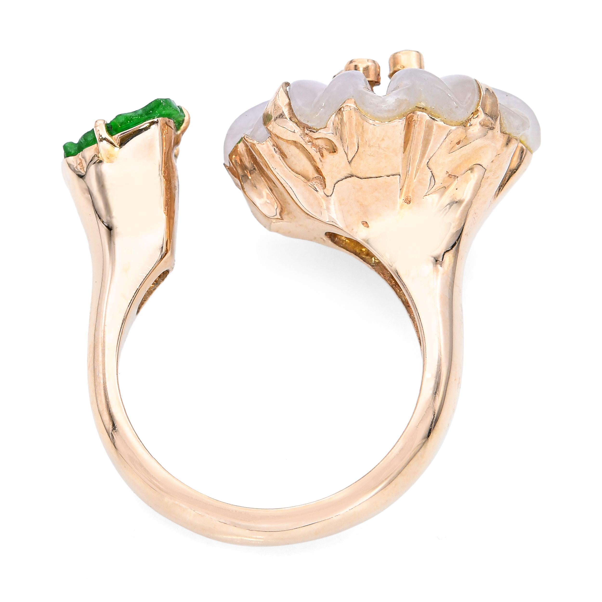 Vintage 14k Yellow Gold Carved Jadeite Jade & Diamond Floral Bypass Ring