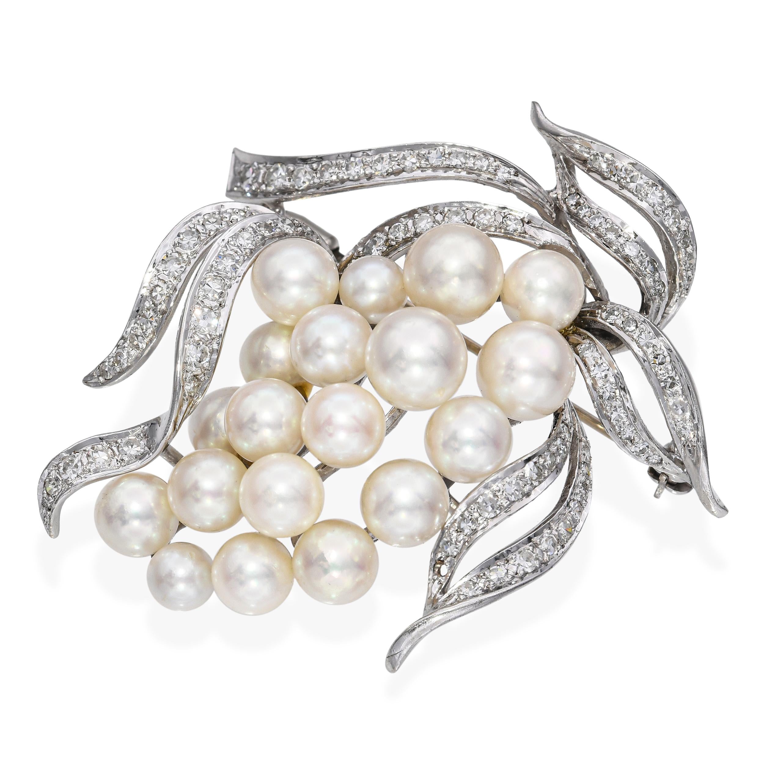 Vintage 14k White Gold 1.8tcw Diamond and Pearl Floral Brooch