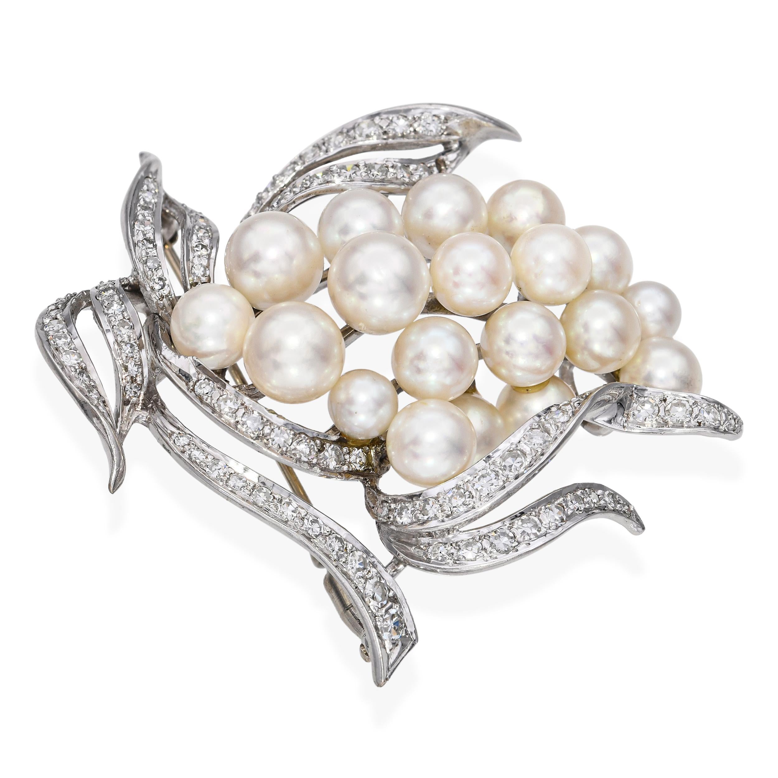 Vintage 14k White Gold 1.8tcw Diamond and Pearl Floral Brooch