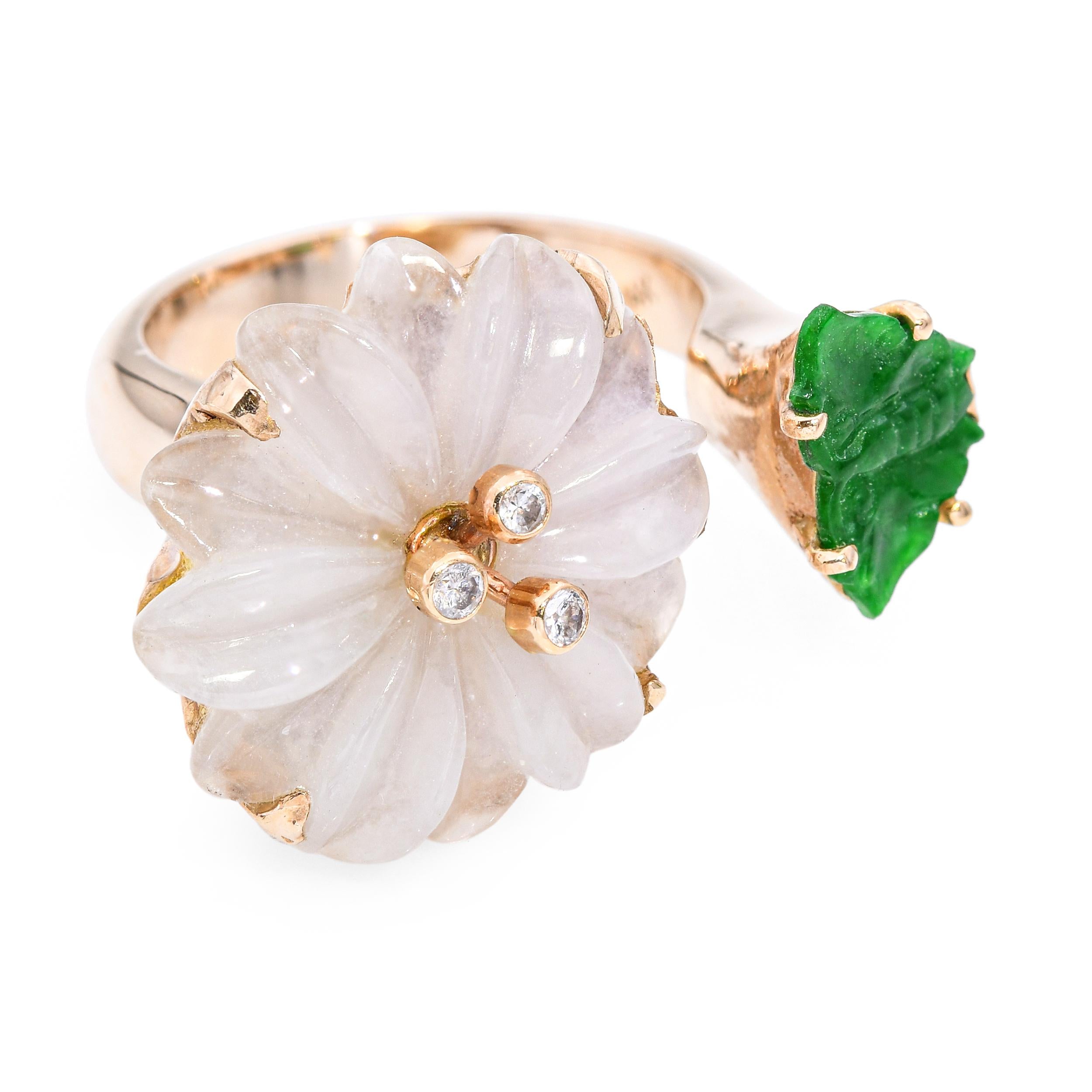 Vintage 14k Yellow Gold Carved Jadeite Jade & Diamond Floral Bypass Ring