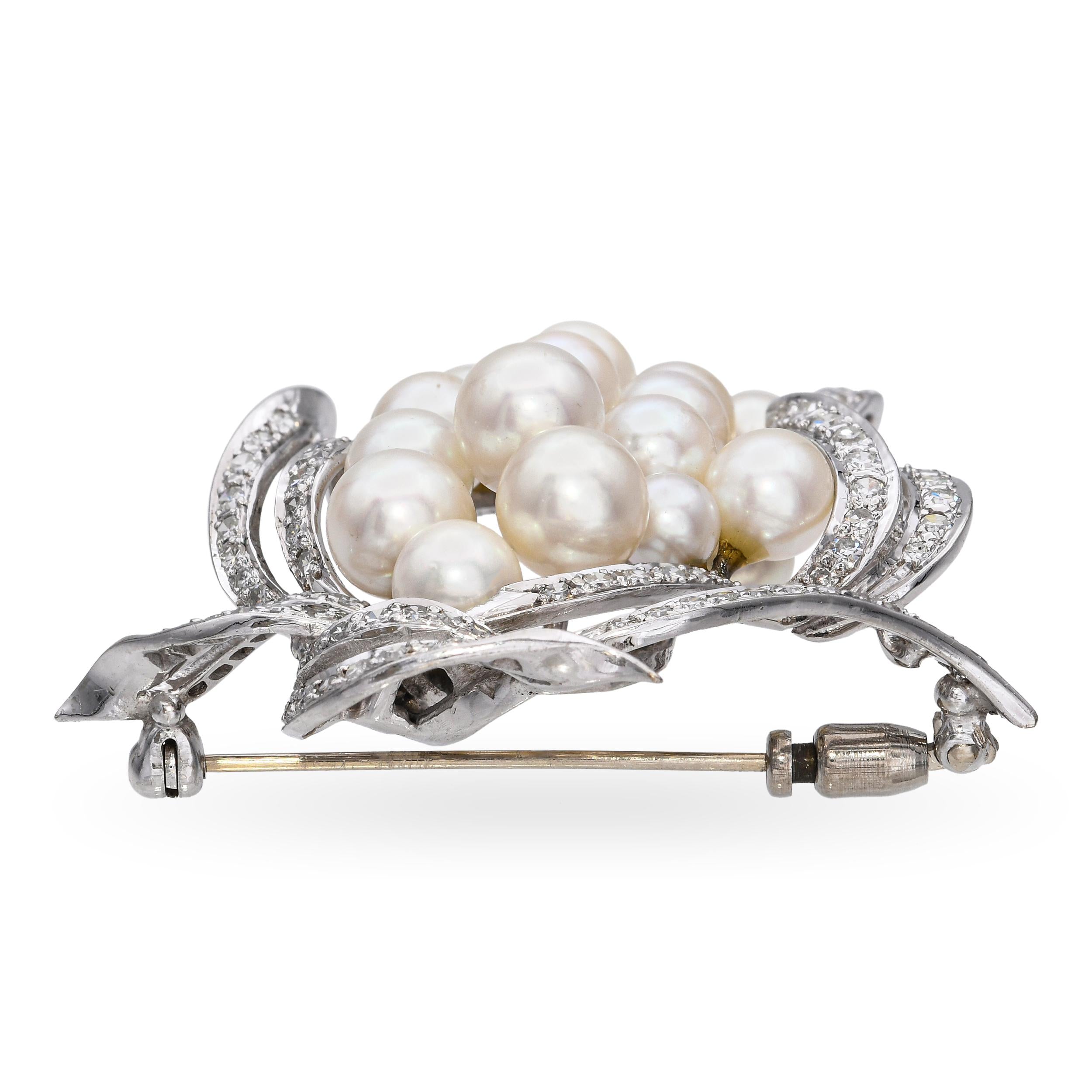 Vintage 14k White Gold 1.8tcw Diamond and Pearl Floral Brooch