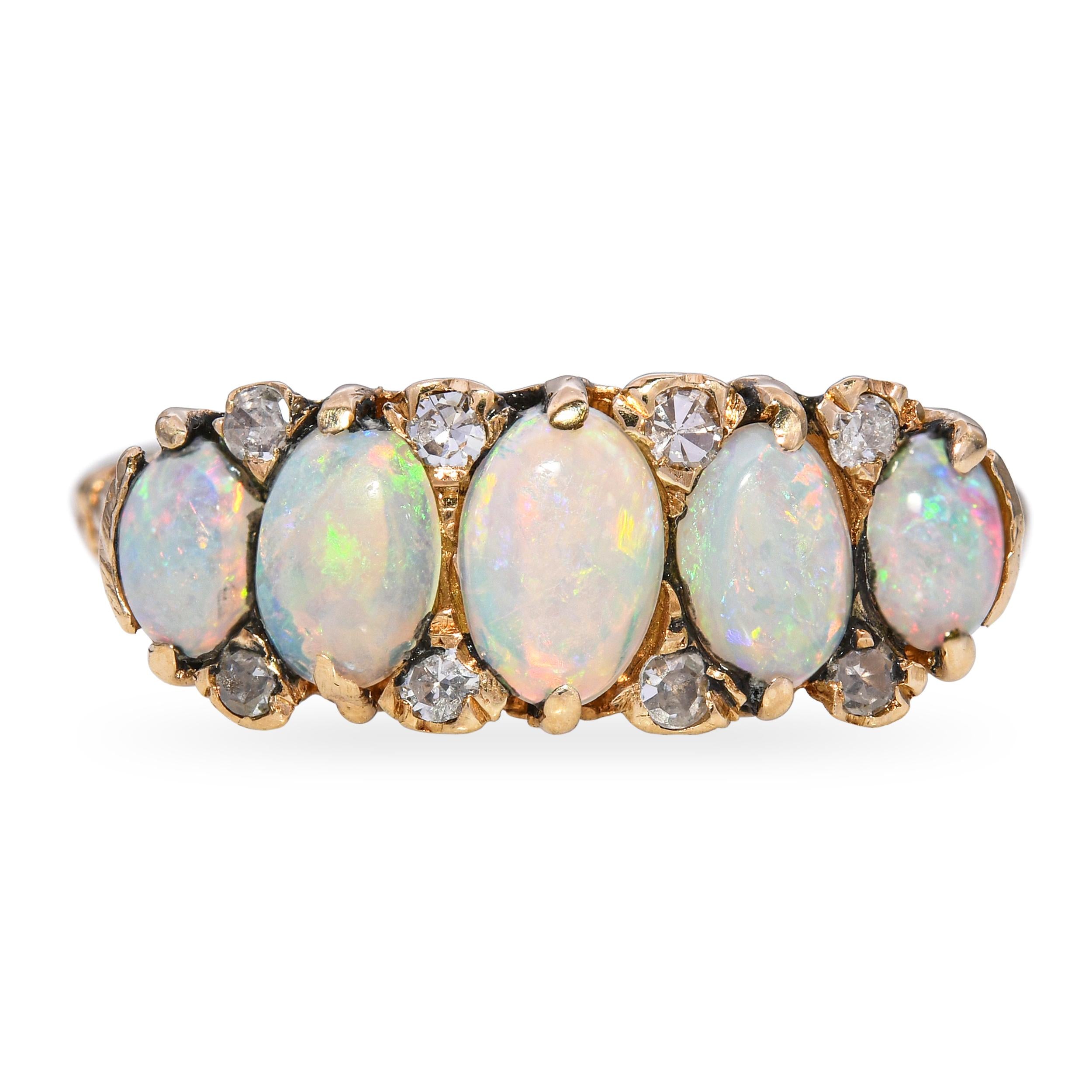 Vintage 14k Yellow Gold Diamond and Opal 5-Stone Ring