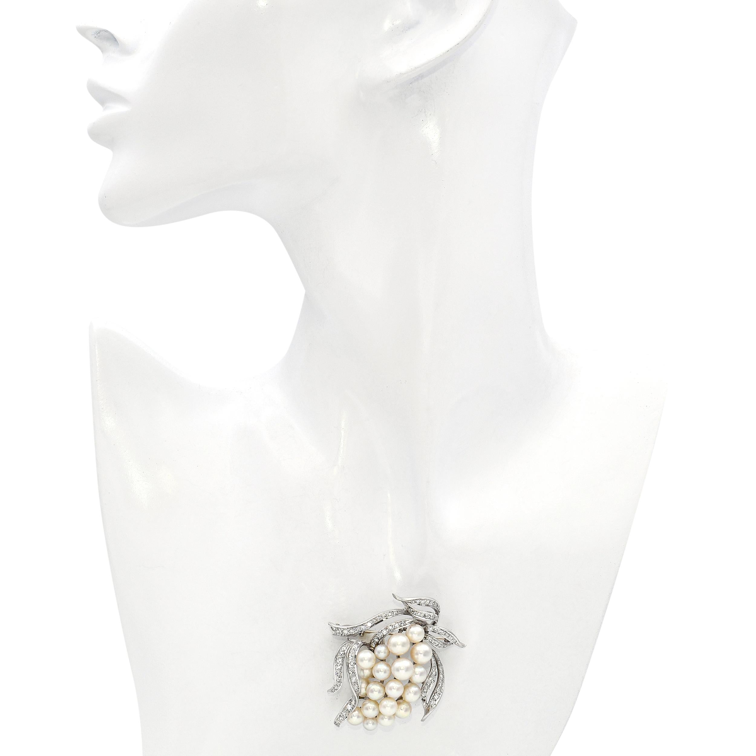 Vintage 14k White Gold 1.8tcw Diamond and Pearl Floral Brooch