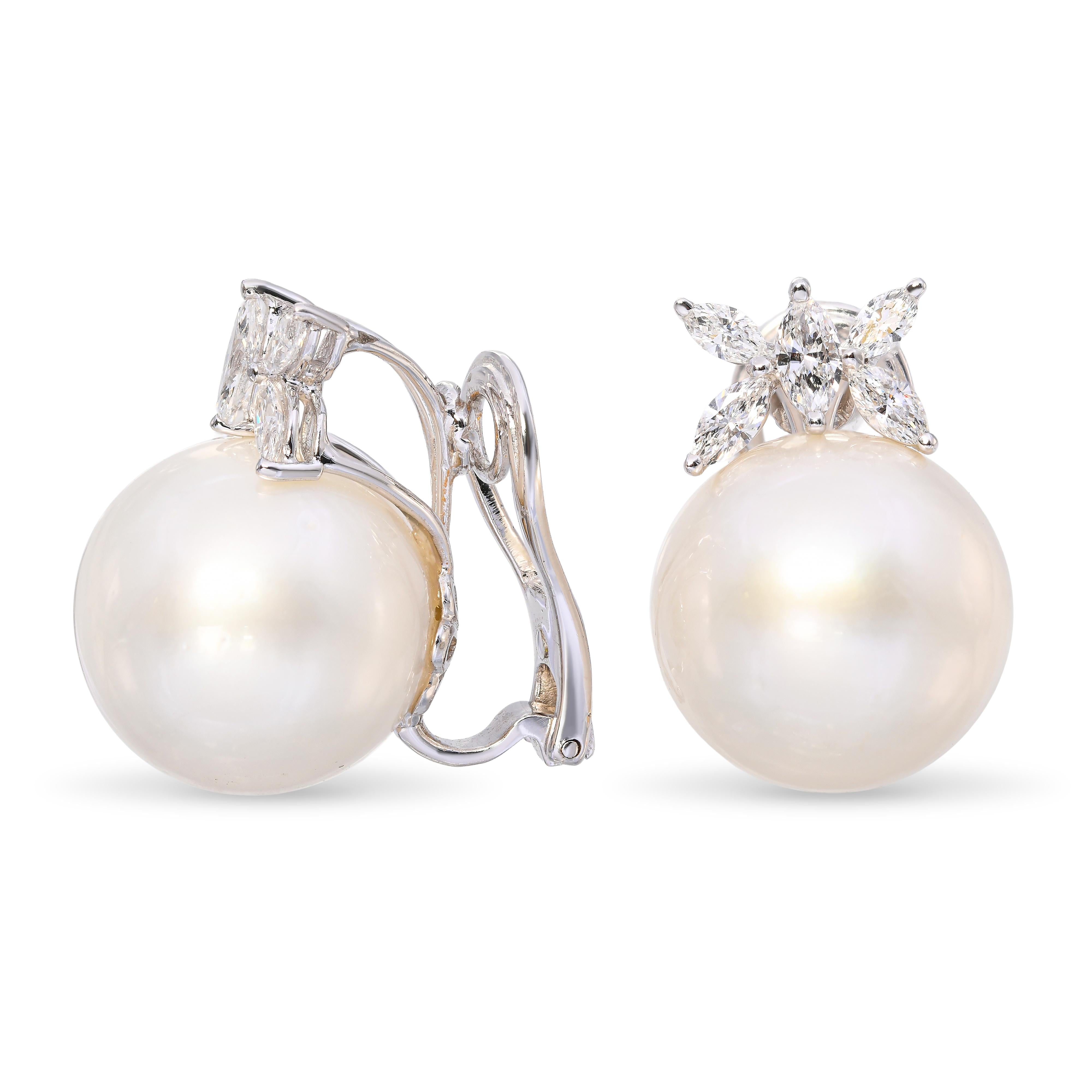 18k White Gold 15.3mm South Sea Pearl and Diamond Earrings