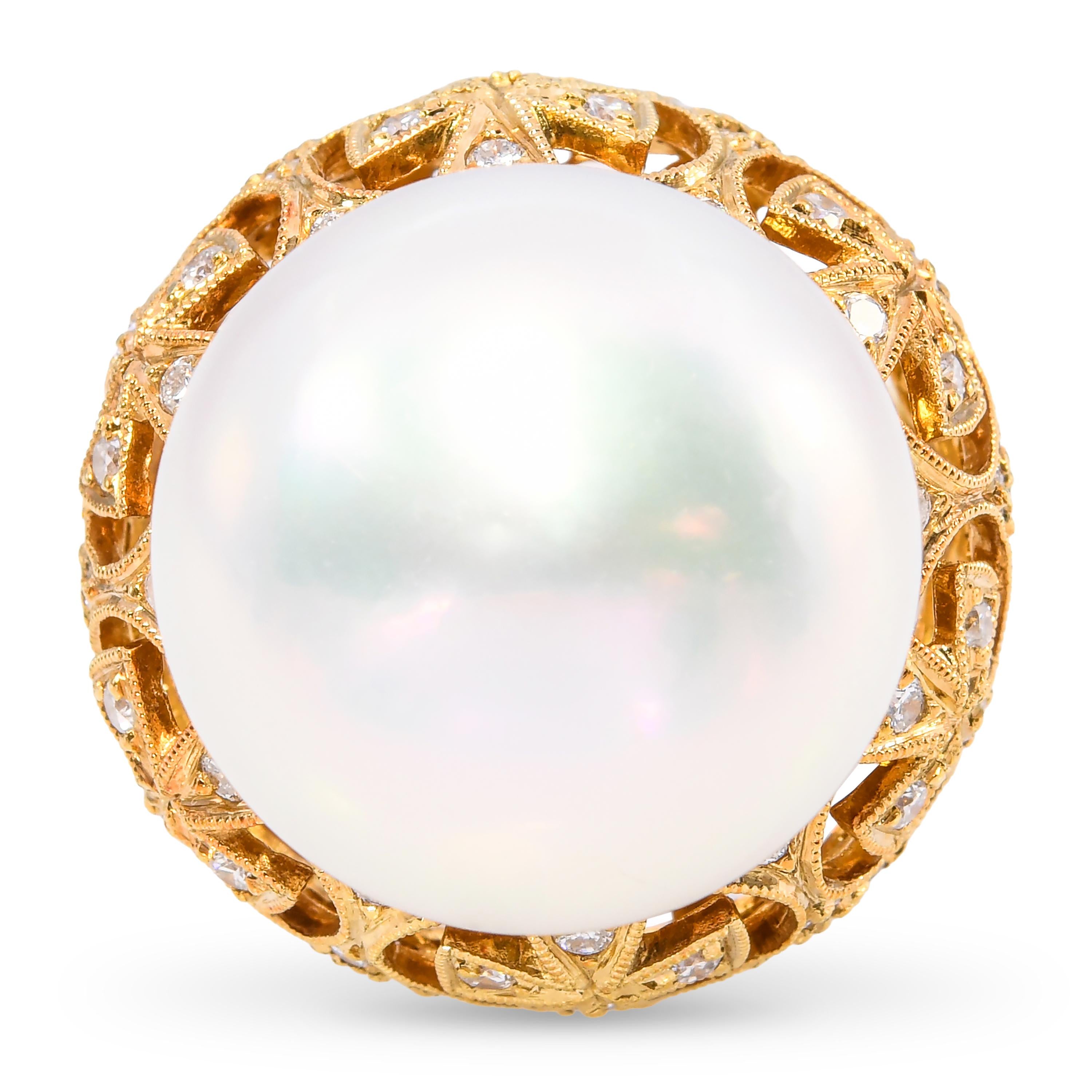 Vintage 18k Yellow Gold Maltese Cross Diamond Motif 16.4mm South Sea Pearl Ring
