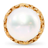 Vintage 18k Yellow Gold Maltese Cross Diamond Motif 16.4mm South Sea Pearl Ring