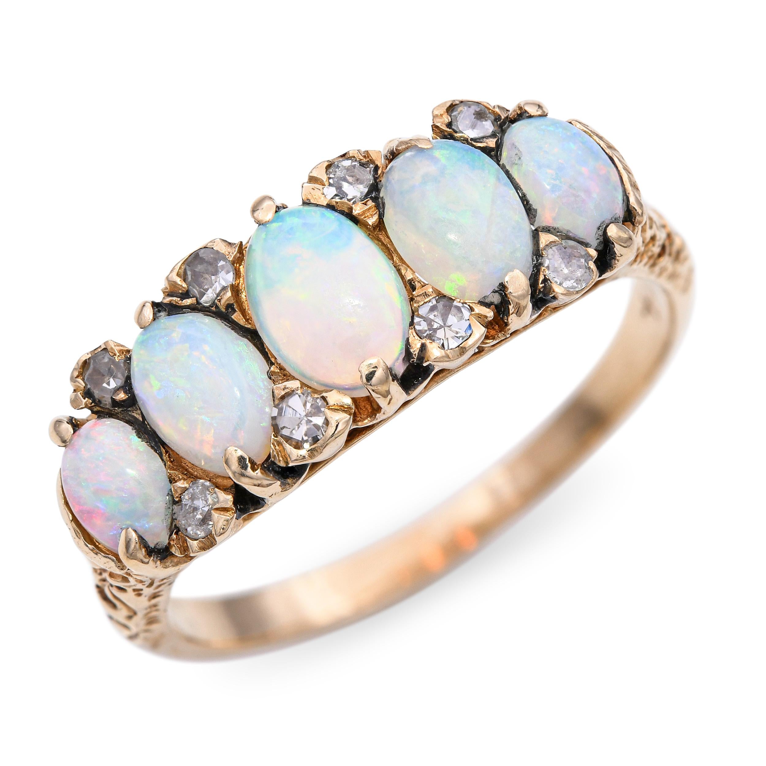 Vintage 14k Yellow Gold Diamond and Opal 5-Stone Ring
