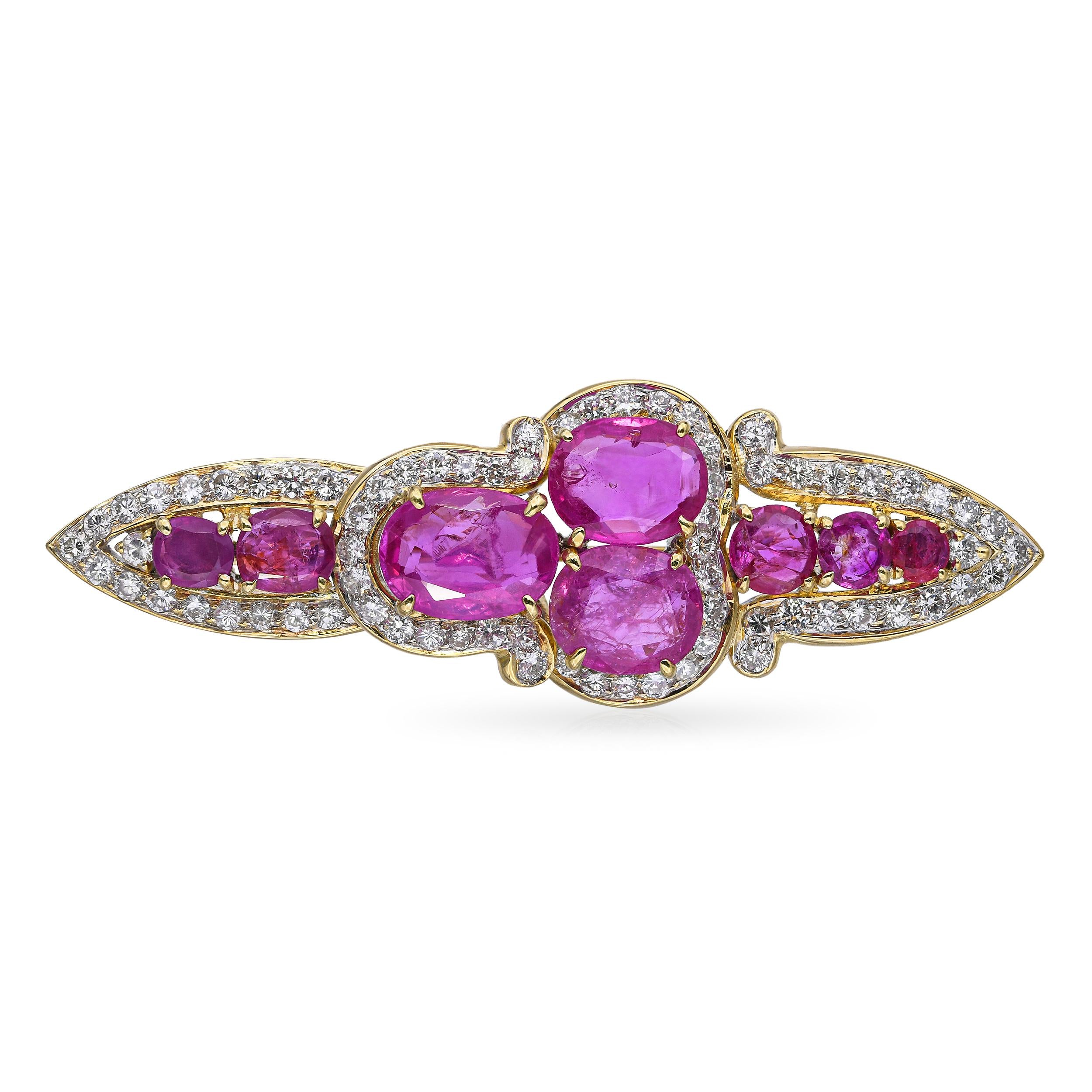 Vintage 18k Yellow Gold Pink Sapphire and Diamond Brooch