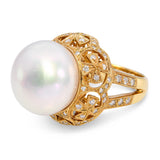 Vintage 18k Yellow Gold Maltese Cross Diamond Motif 16.4mm South Sea Pearl Ring