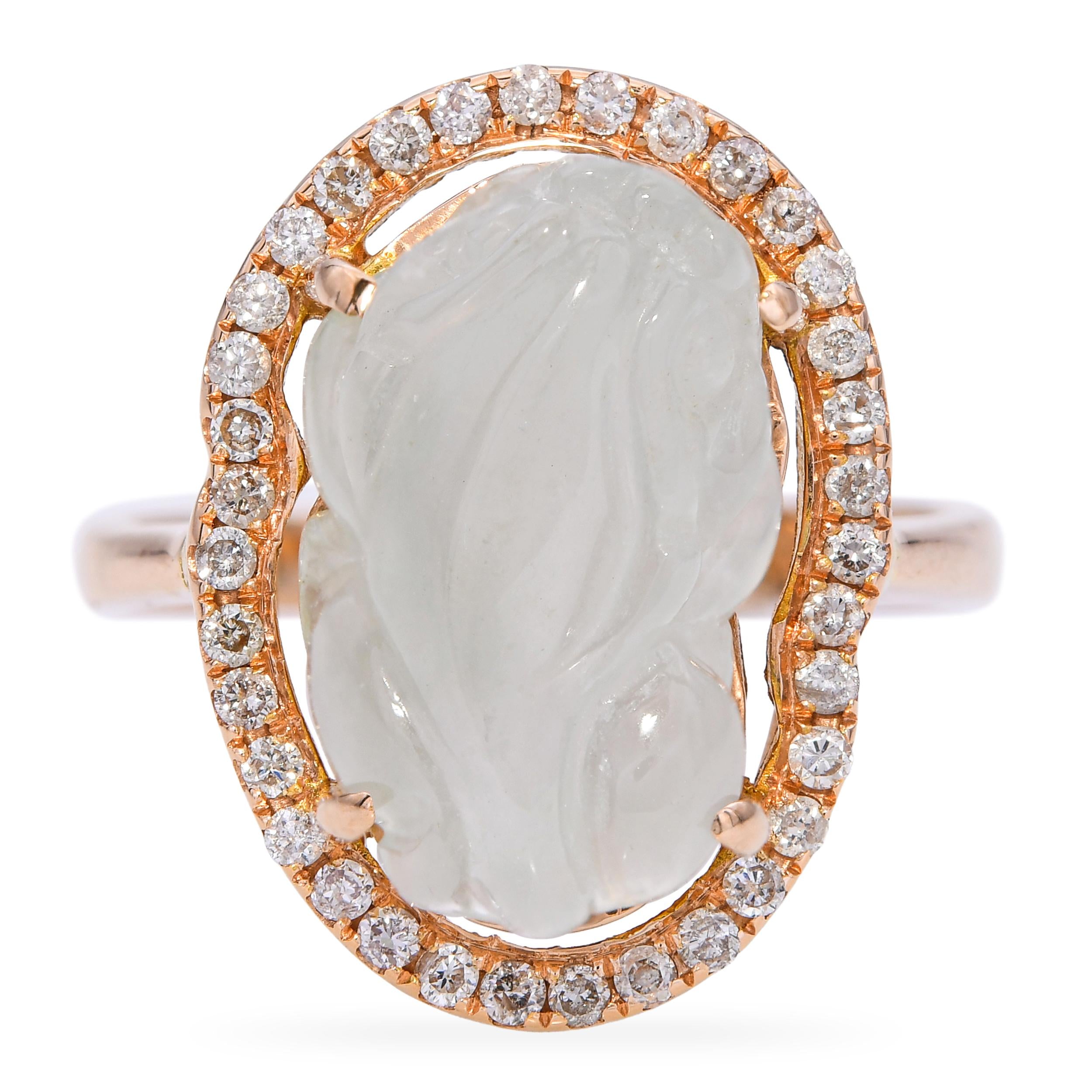 18k Yellow Gold Carved Jade Frog and Diamond Ring