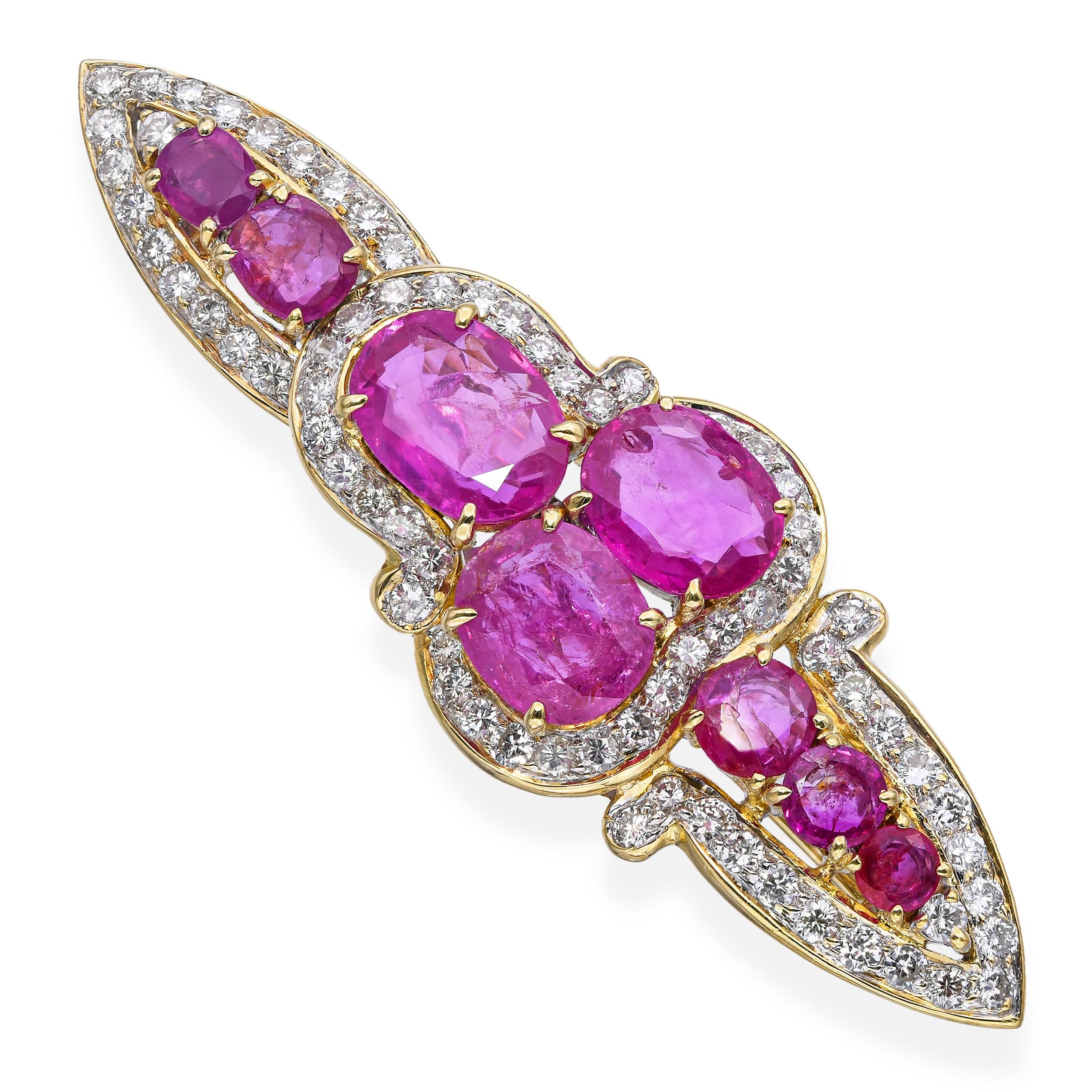 Vintage 18k Yellow Gold Pink Sapphire and Diamond Brooch