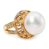 Vintage 18k Yellow Gold Maltese Cross Diamond Motif 16.4mm South Sea Pearl Ring
