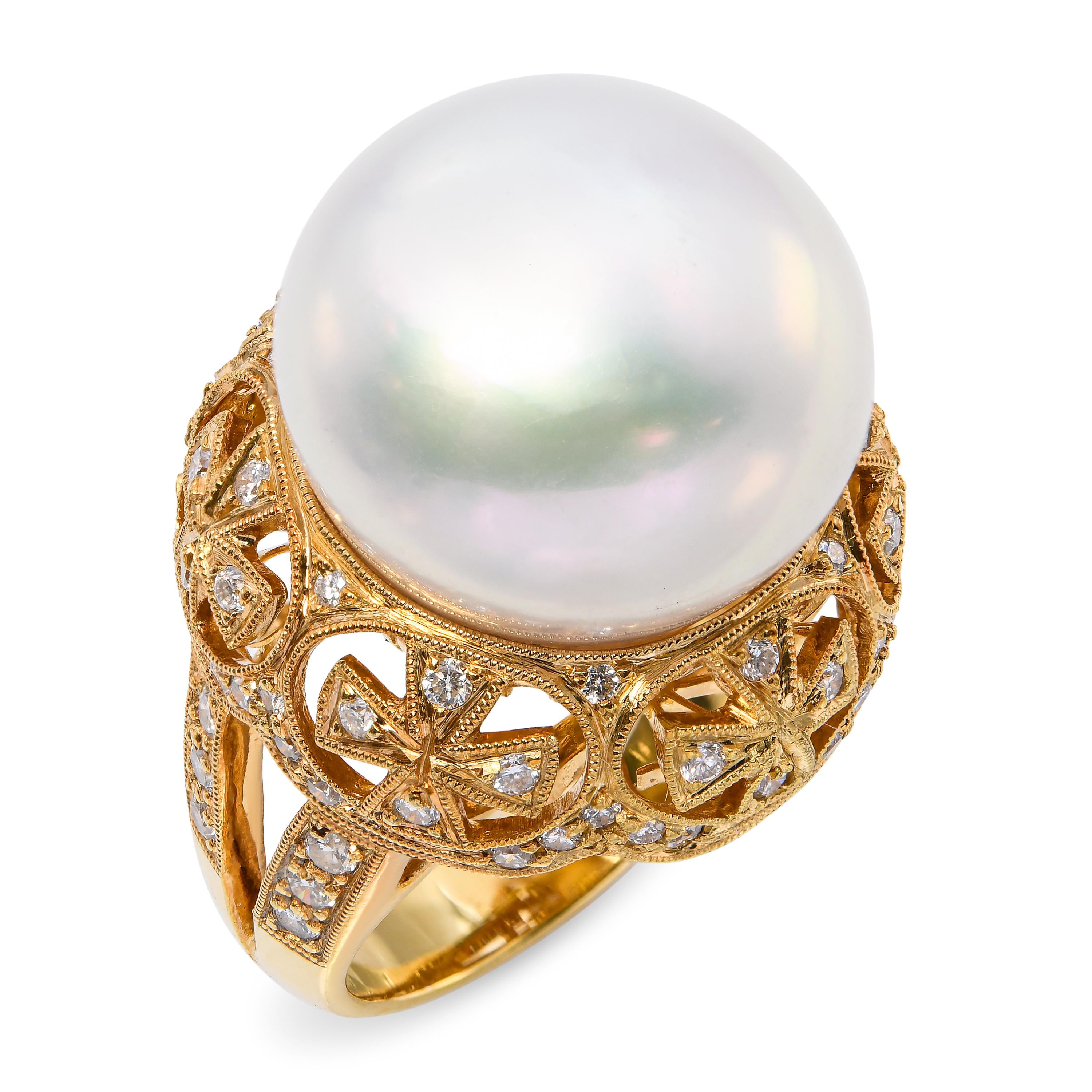 Vintage 18k Yellow Gold Maltese Cross Diamond Motif 16.4mm South Sea Pearl Ring