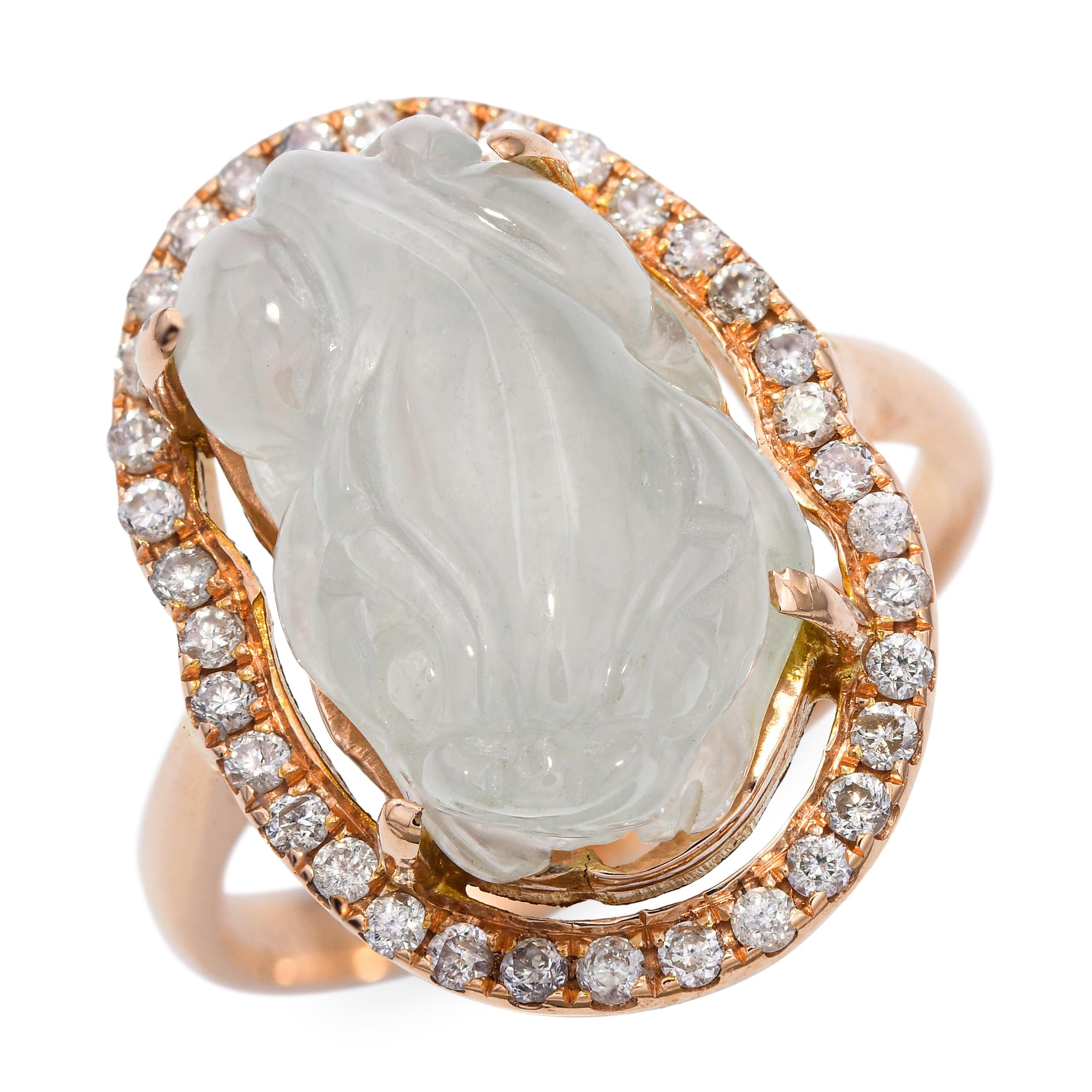 18k Yellow Gold Carved Jade Frog and Diamond Ring