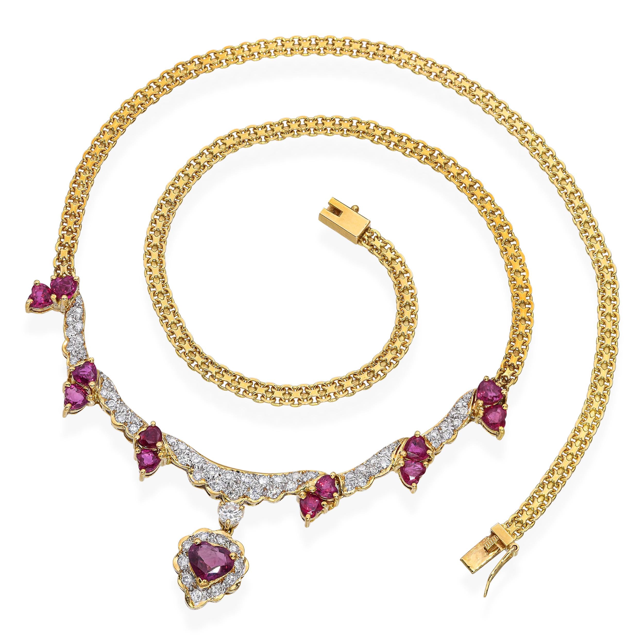 Vintage 18k Yellow Gold Diamond and Ruby Necklace