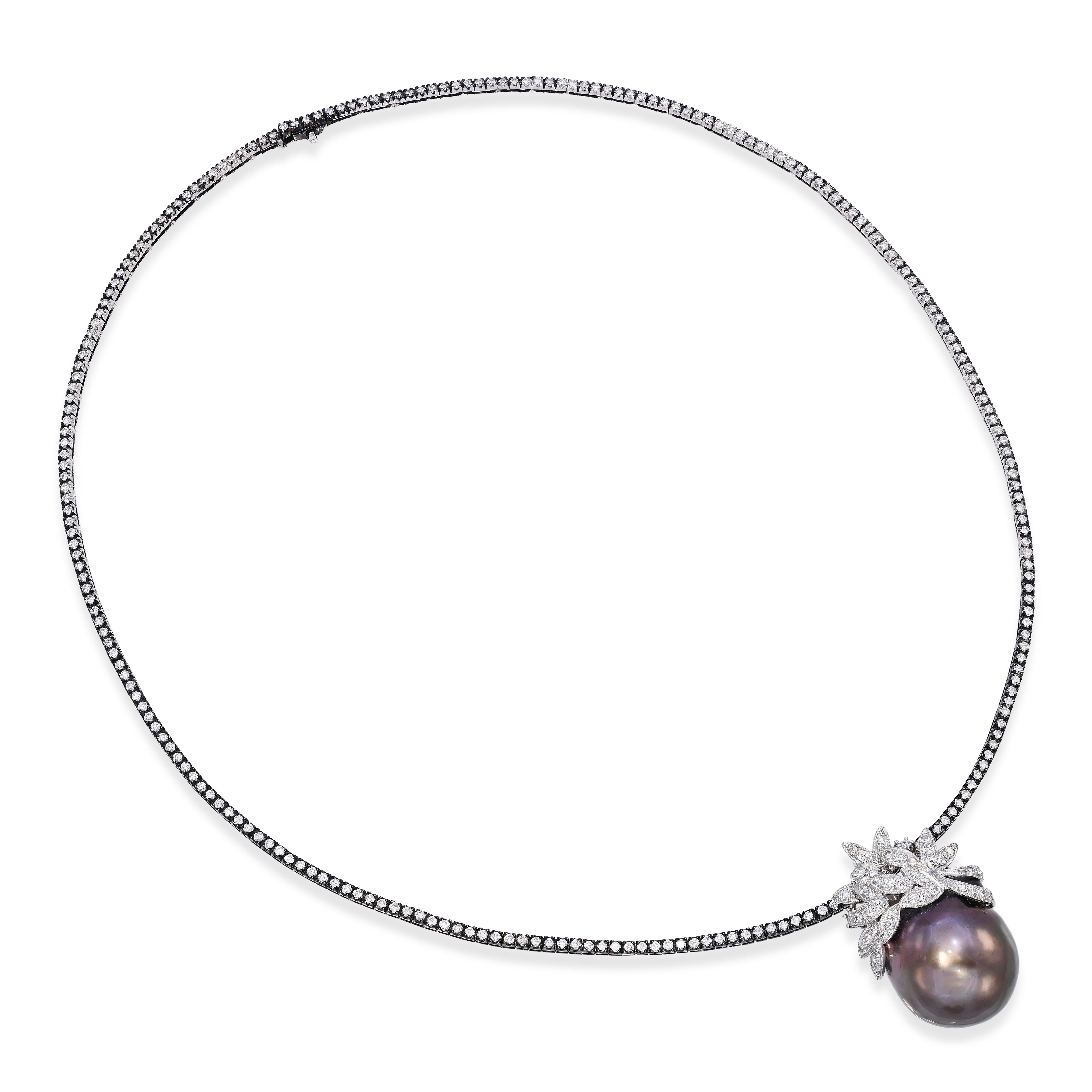 Vintage 18k White Gold Tahitian Pearl and Diamond Necklace Pendant