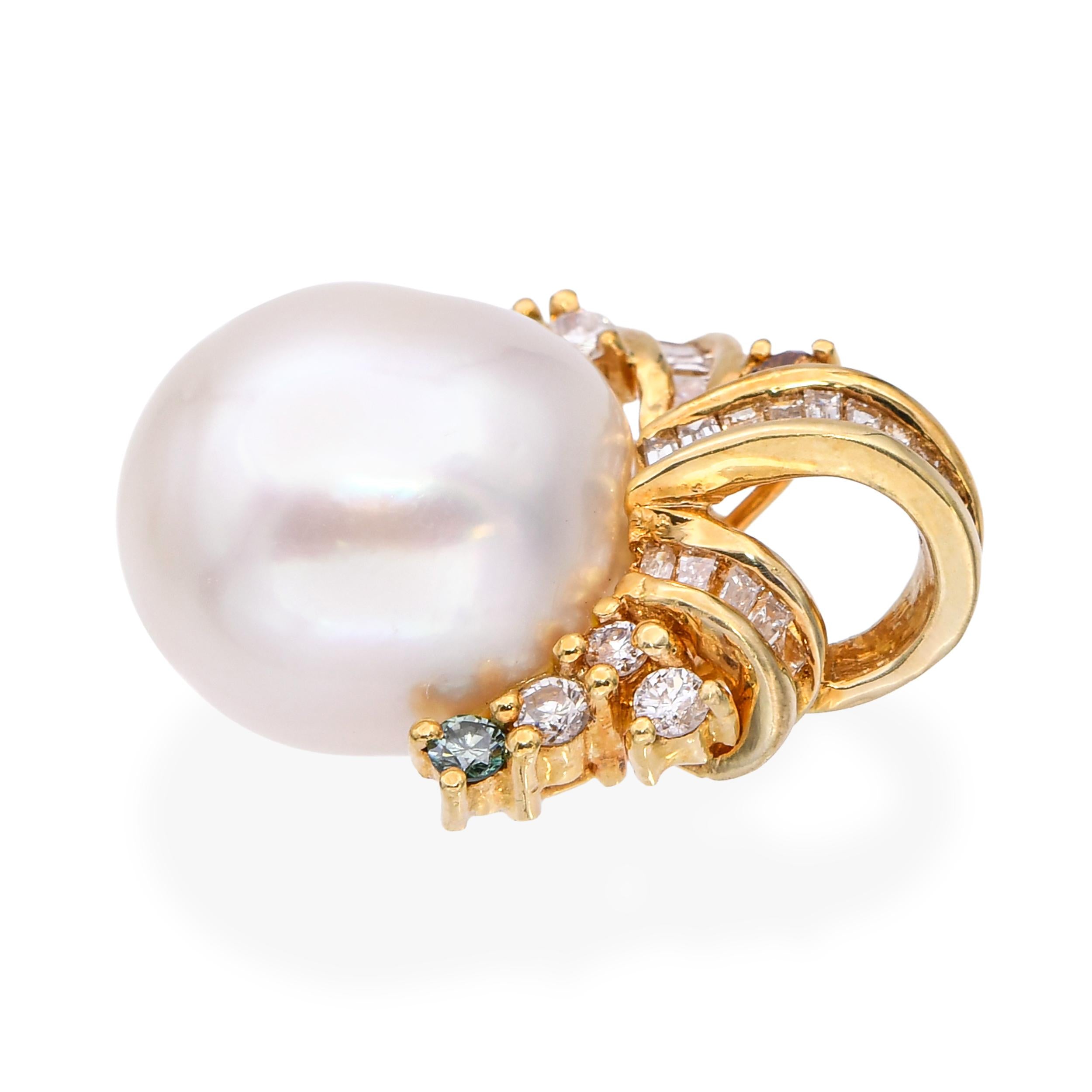 18k Yellow Gold 0.26tcw Colored Diamond and Pearl Pendant