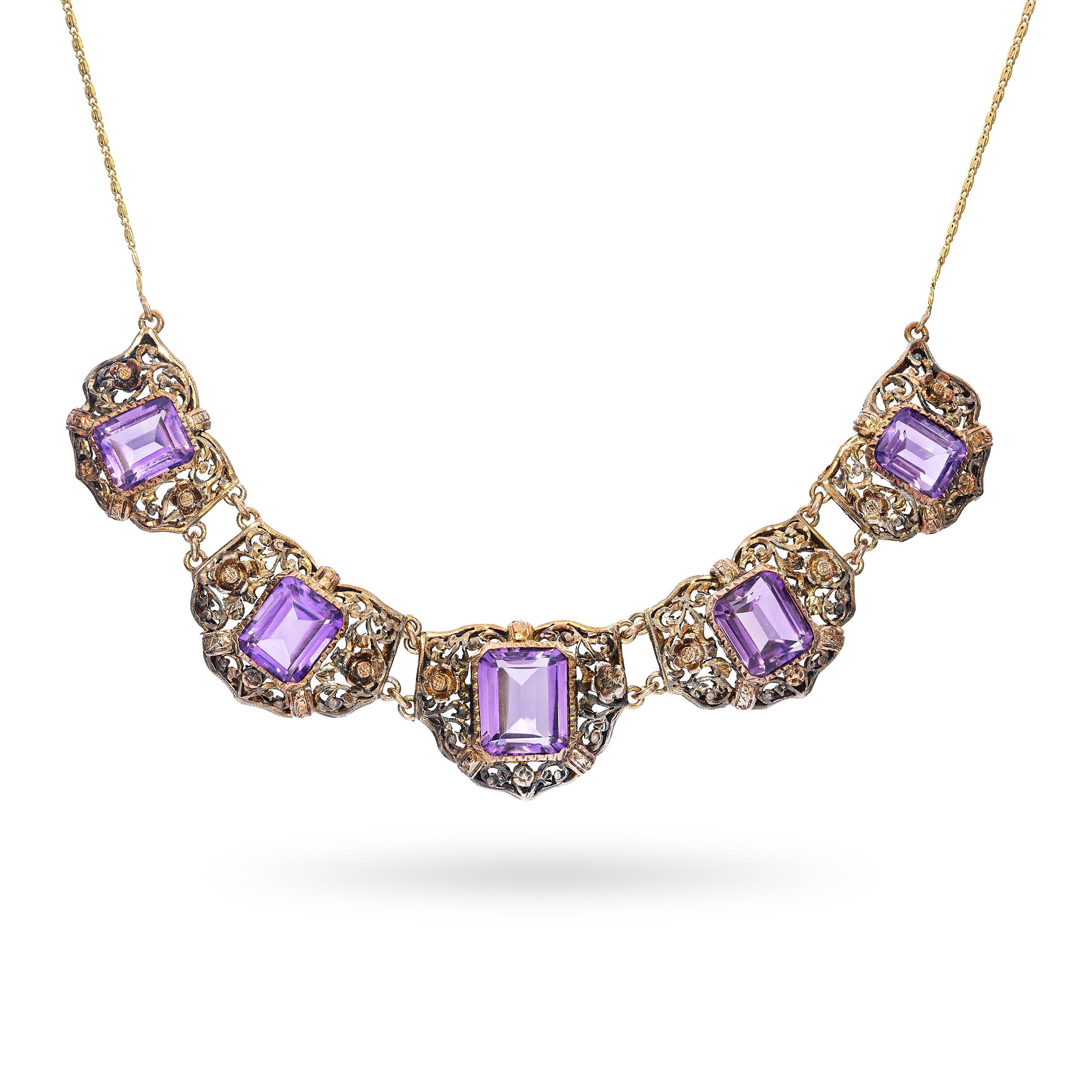 Antique Gold and Silver 15.73tcw Amethyst Decorative Necklace