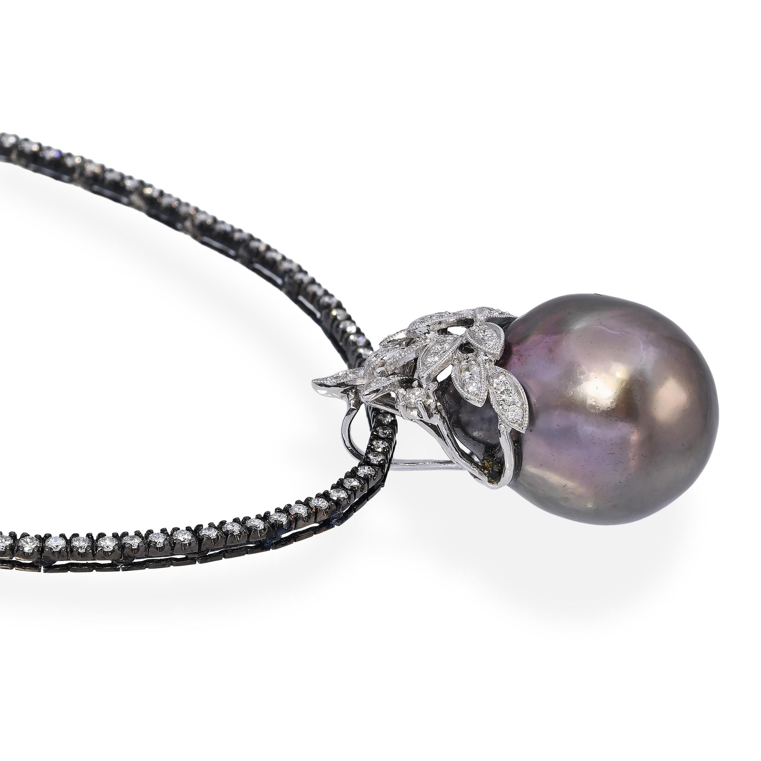 Vintage 18k White Gold Tahitian Pearl and Diamond Necklace Pendant