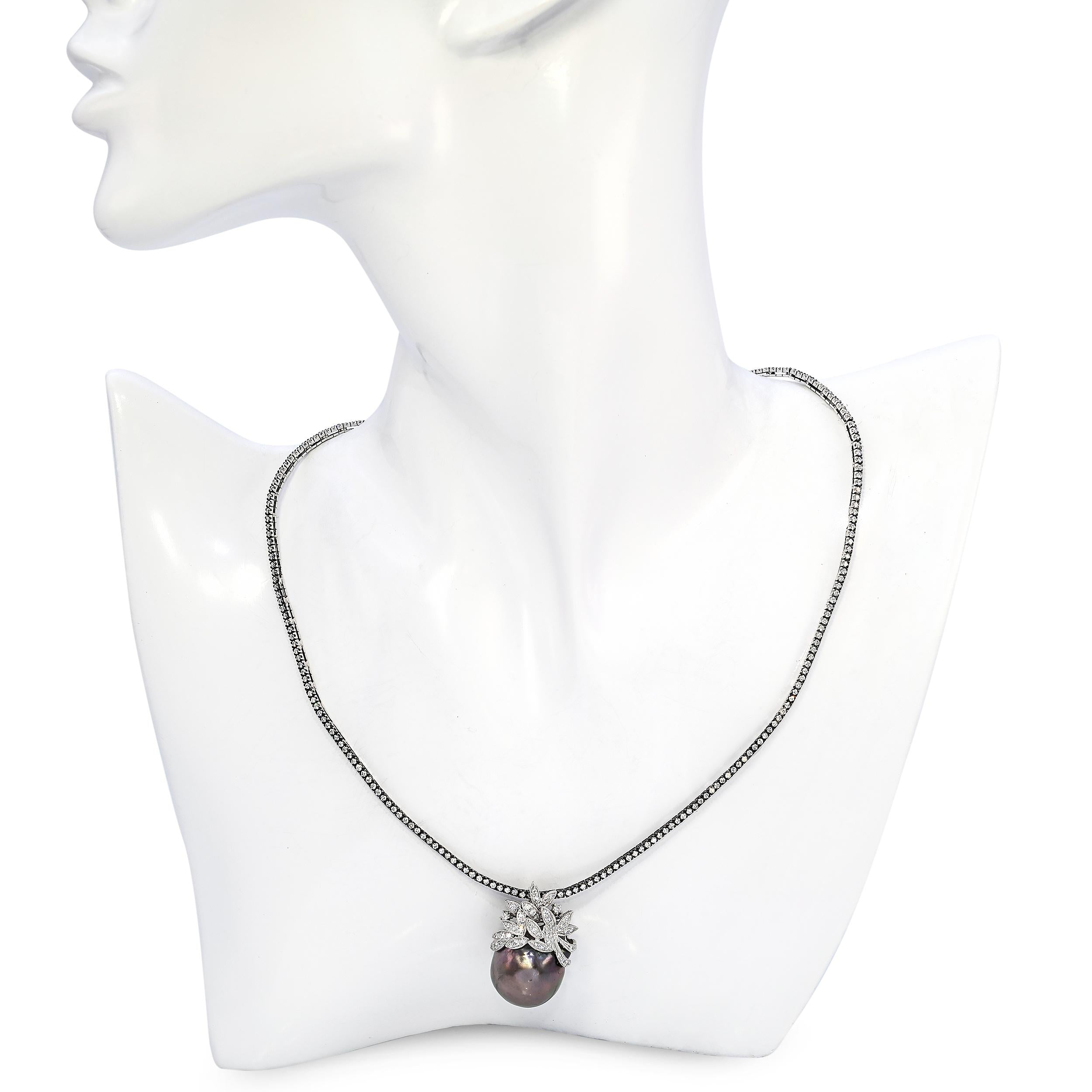 Vintage 18k White Gold Tahitian Pearl and Diamond Necklace Pendant