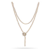 Vintage Yellow Gold Pearl Strand Floral Cluster Clasp Lariat Necklace