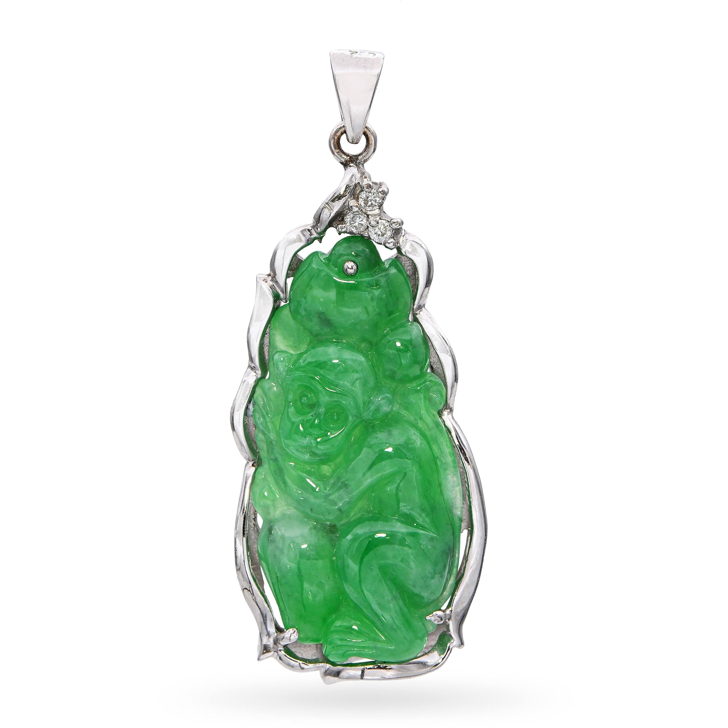 GIA 18K White Gold Carved Green Jadeite Monkey and Diamond Pendant