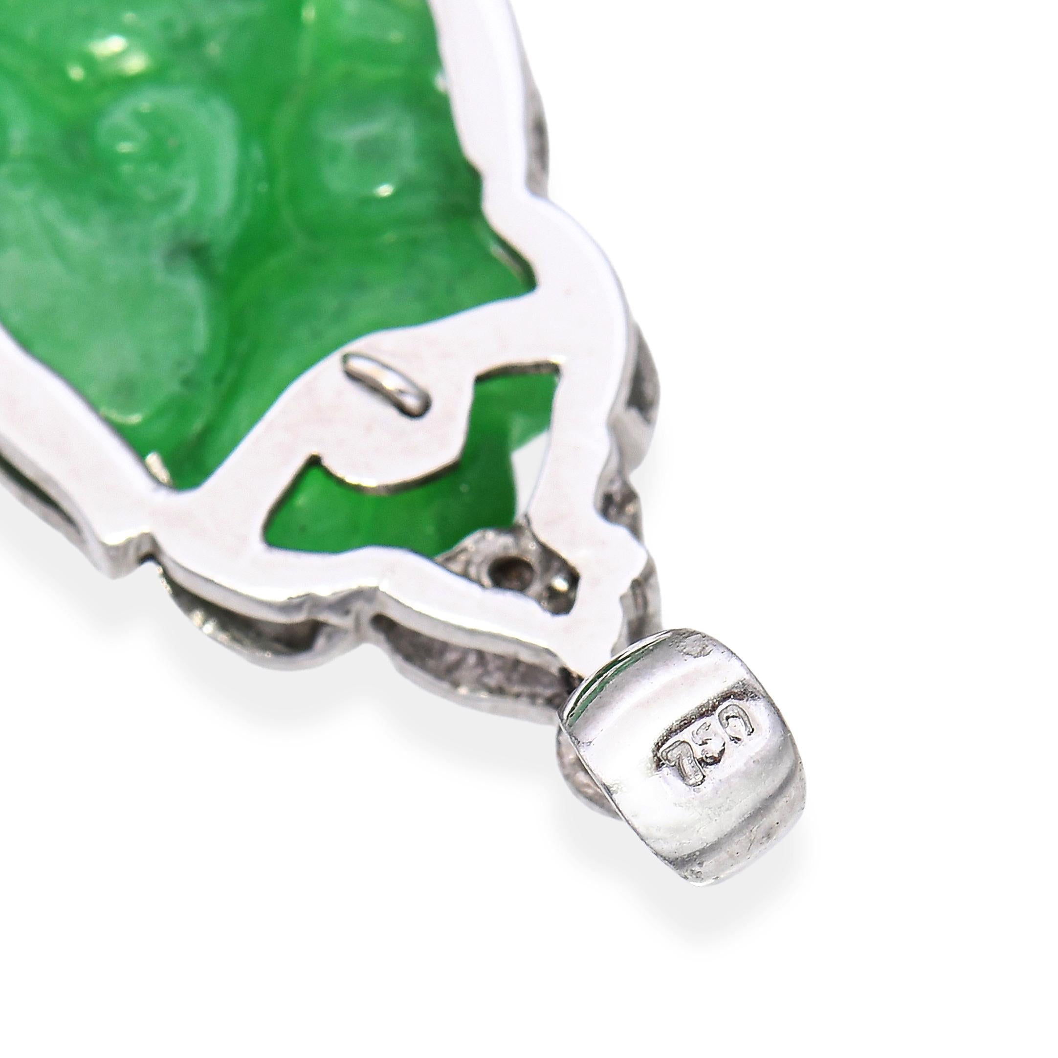 GIA 18K White Gold Carved Green Jadeite Monkey and Diamond Pendant