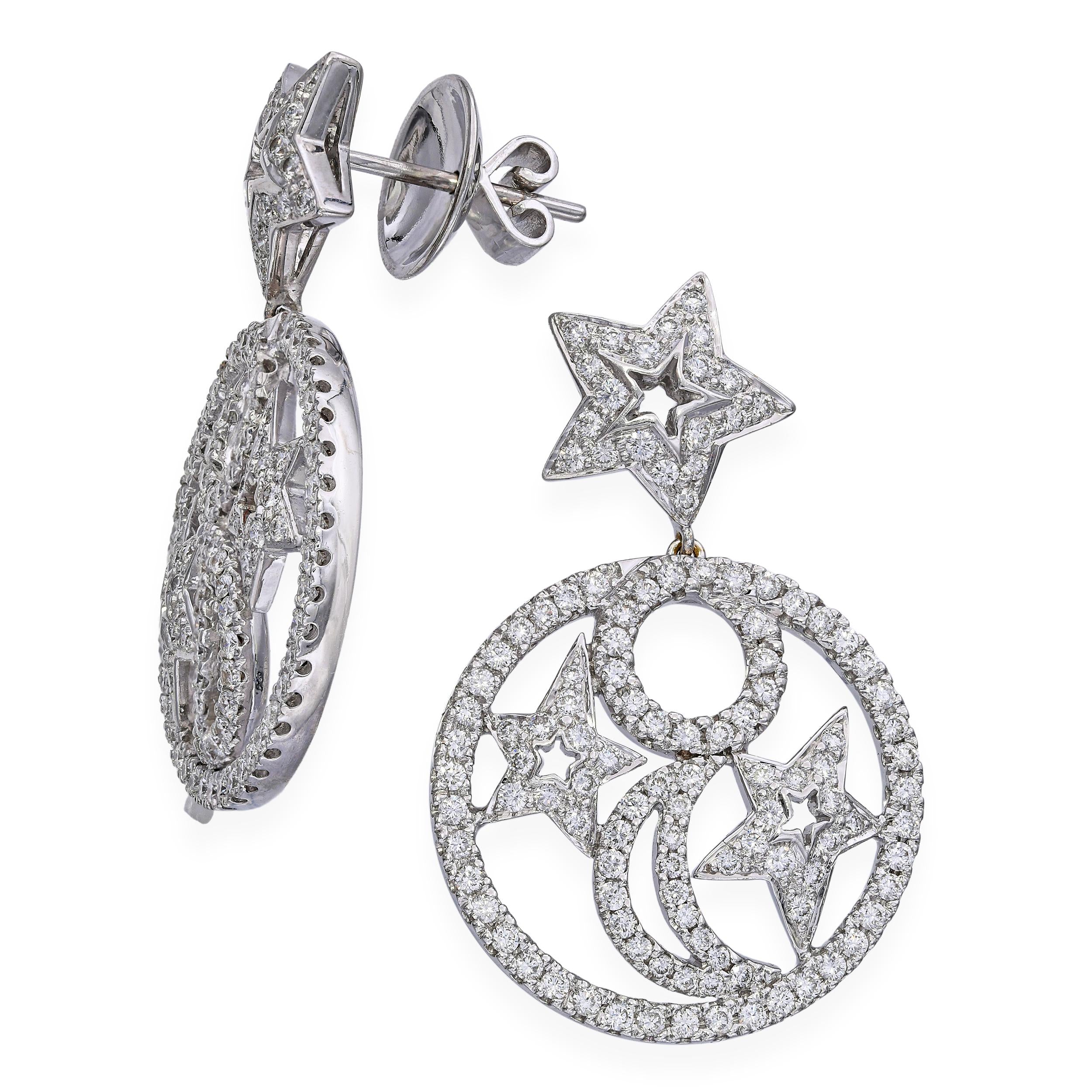Nini 18k White Gold Diamond Star and Crescent Dangle Earrings