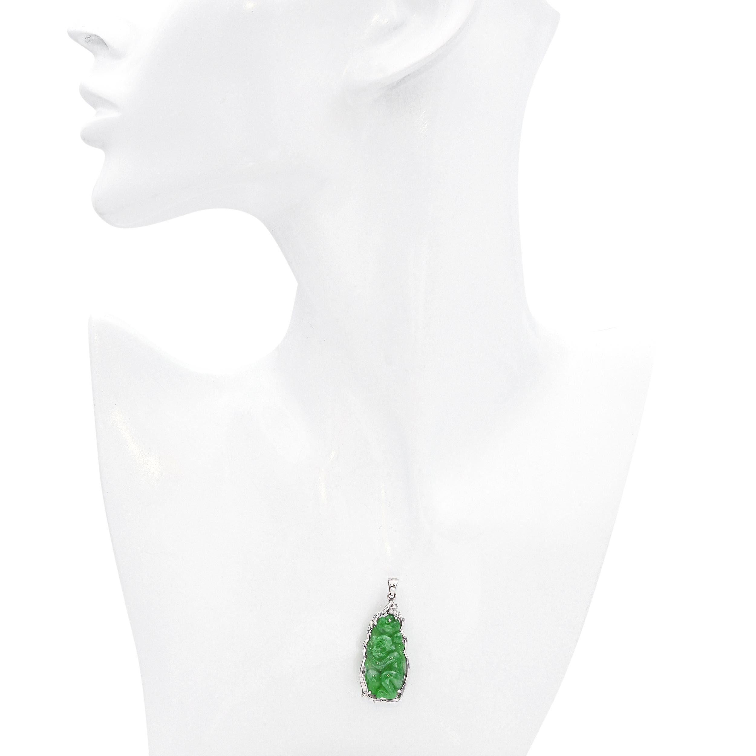 GIA 18K White Gold Carved Green Jadeite Monkey and Diamond Pendant