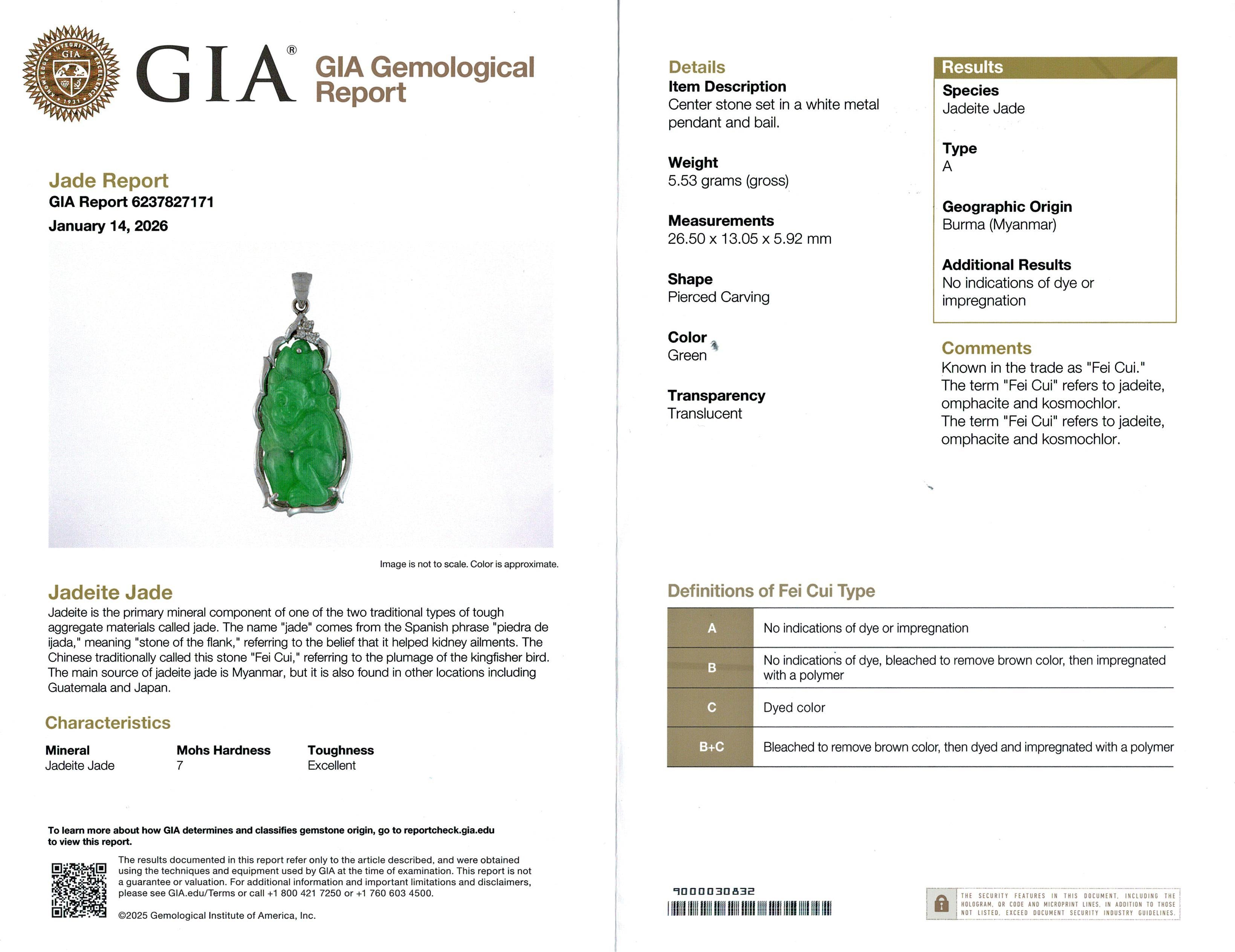 GIA 18K White Gold Carved Green Jadeite Monkey and Diamond Pendant