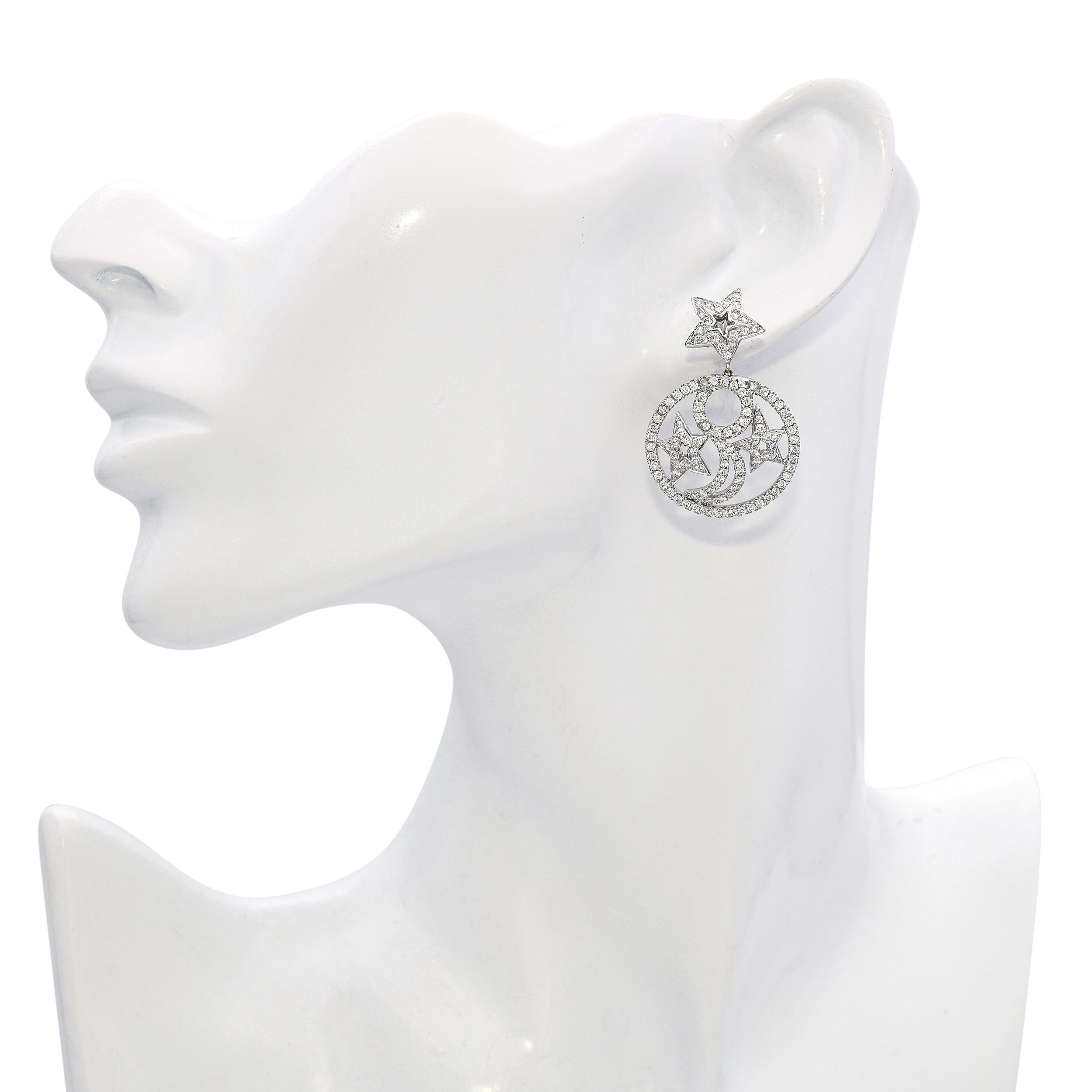 Nini 18k White Gold Diamond Star and Crescent Dangle Earrings