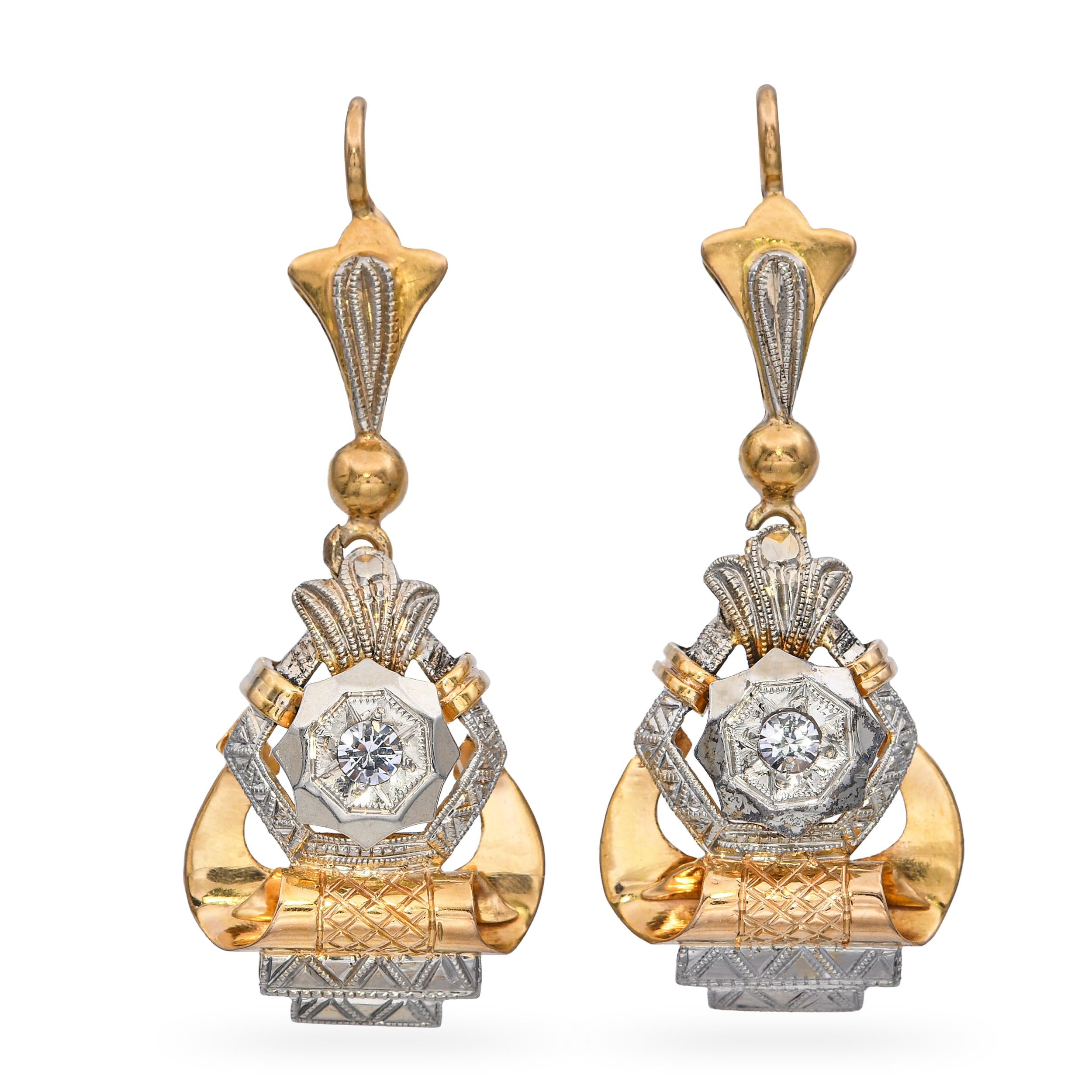 Vintage 18k Yellow Gold Diamond Dangle Earrings