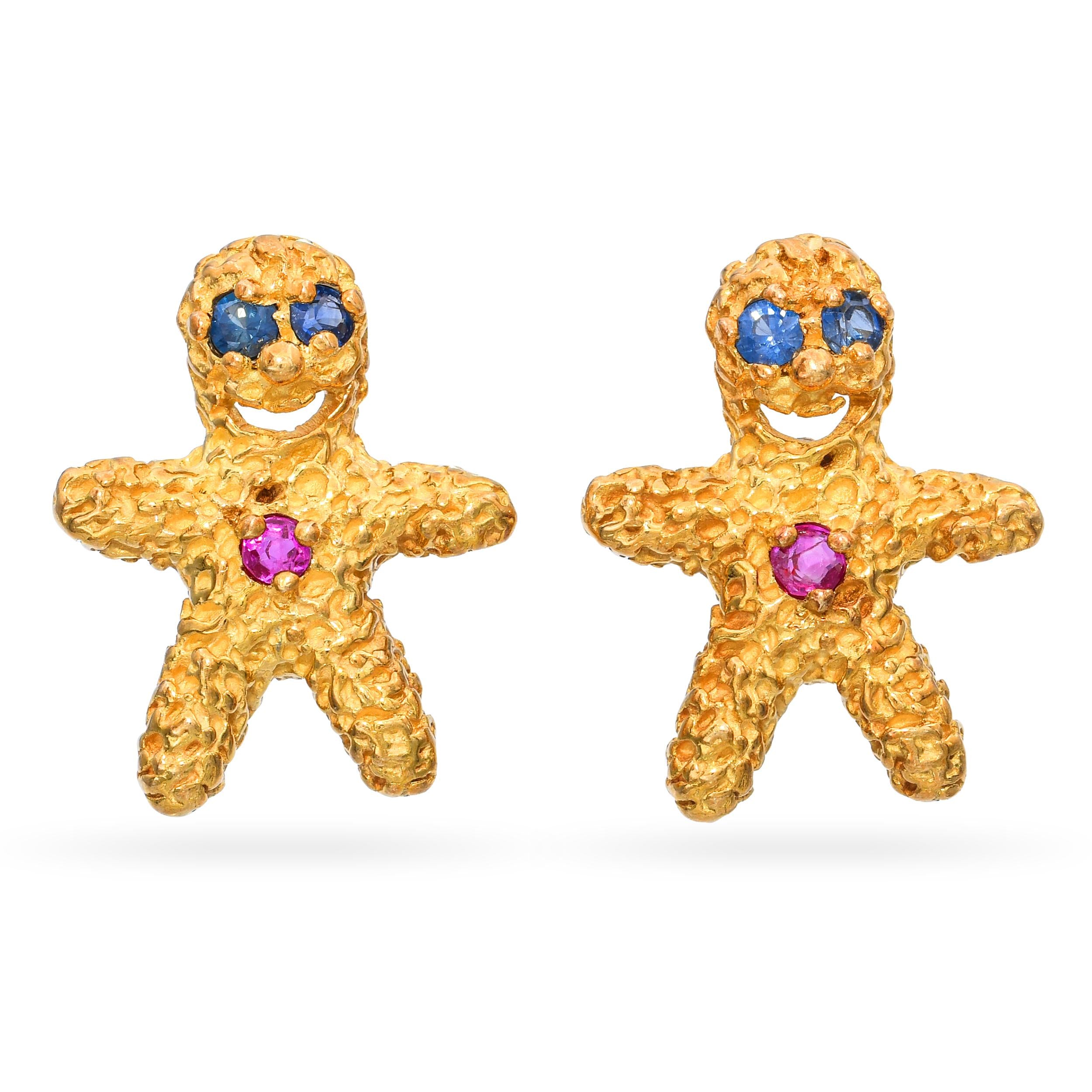 Peter Lindeman 18k Yellow Gold Ruby and Sapphire Gingerbread Earrings